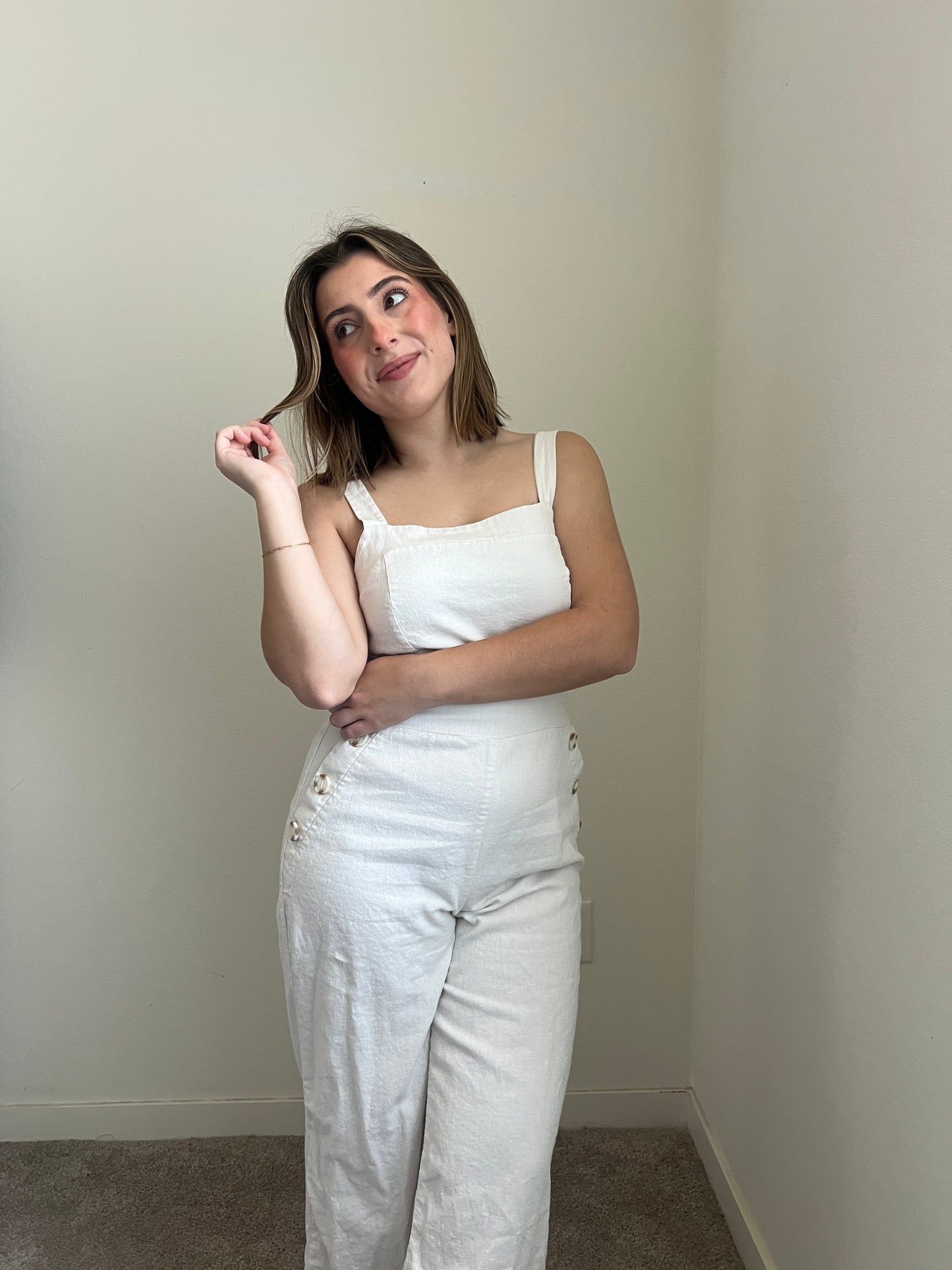 White Linen Blend Jumpsuit (M)