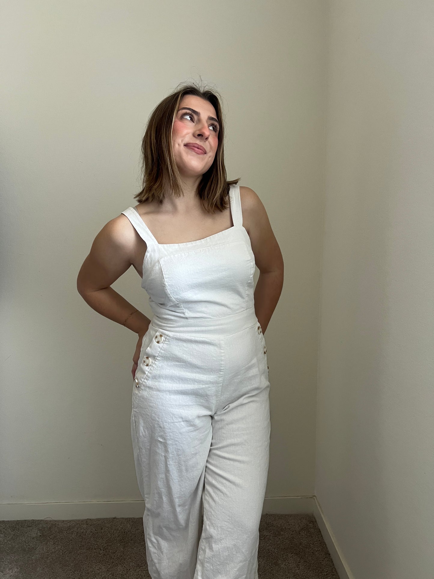 White Linen Blend Jumpsuit (M)