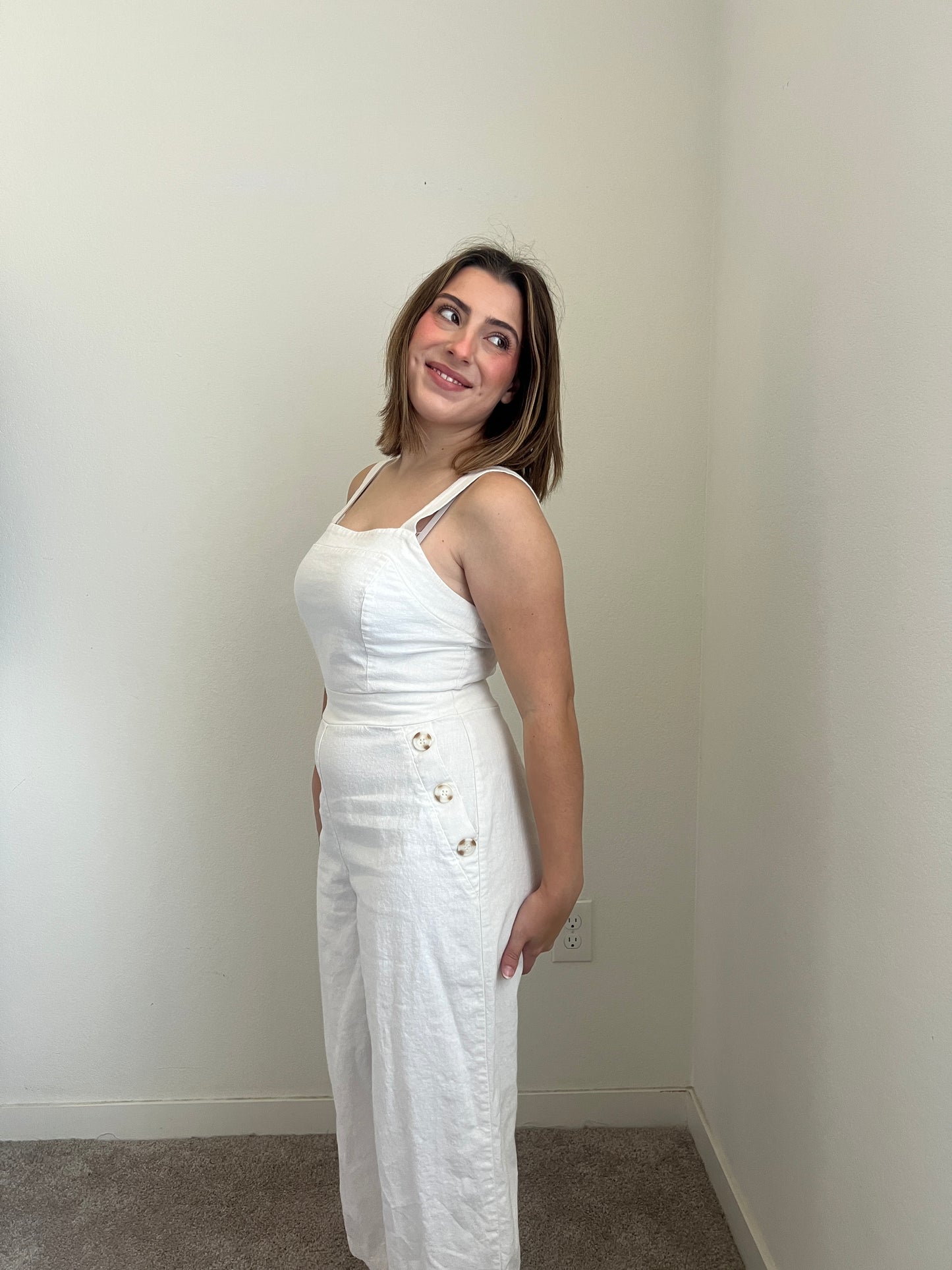 White Linen Blend Jumpsuit (M)