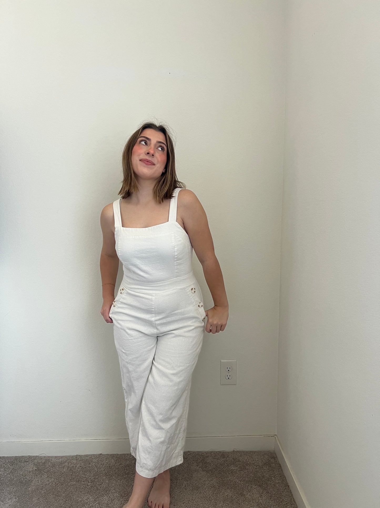 White Linen Blend Jumpsuit (M)