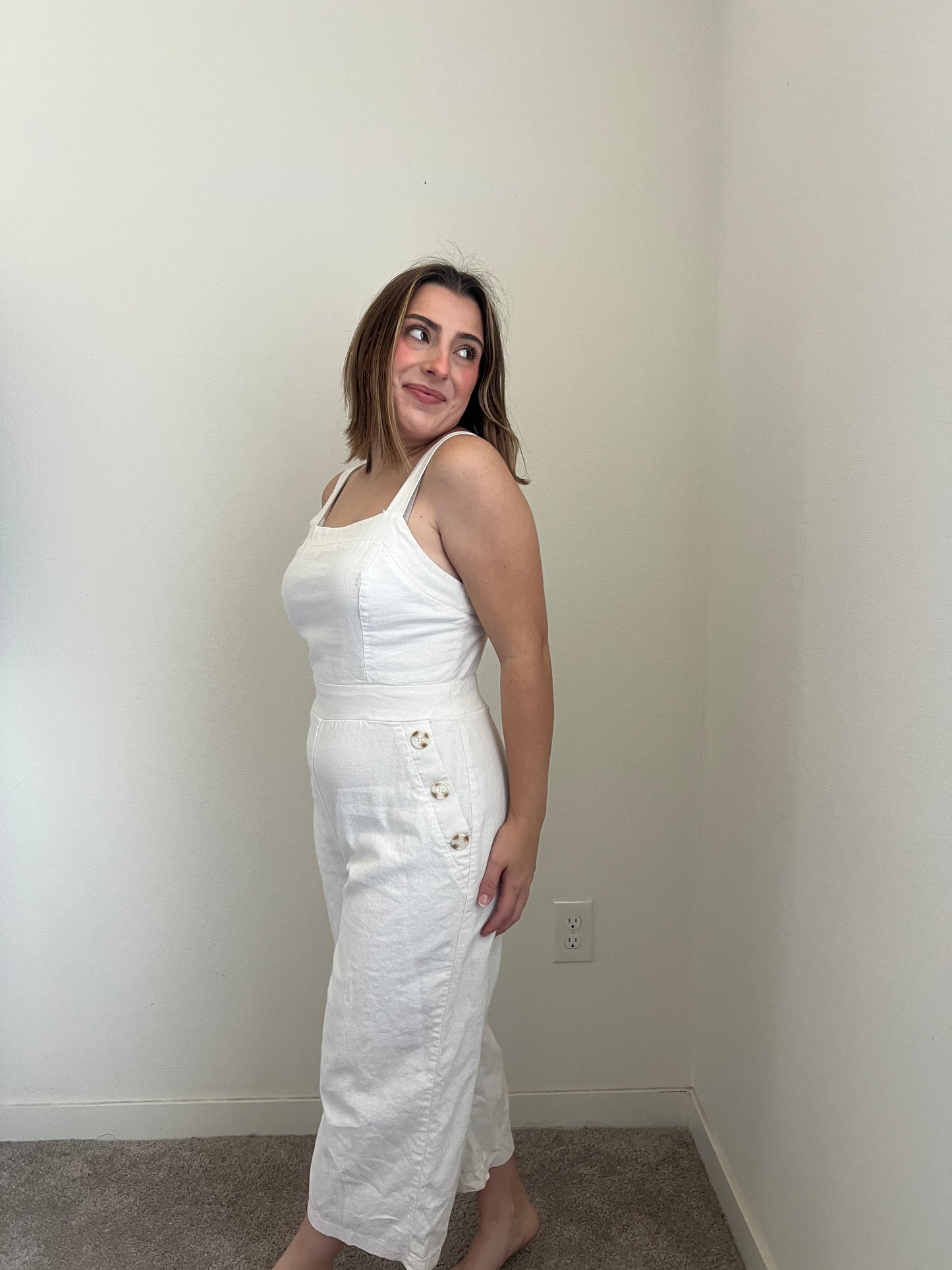 White Linen Blend Jumpsuit (M)