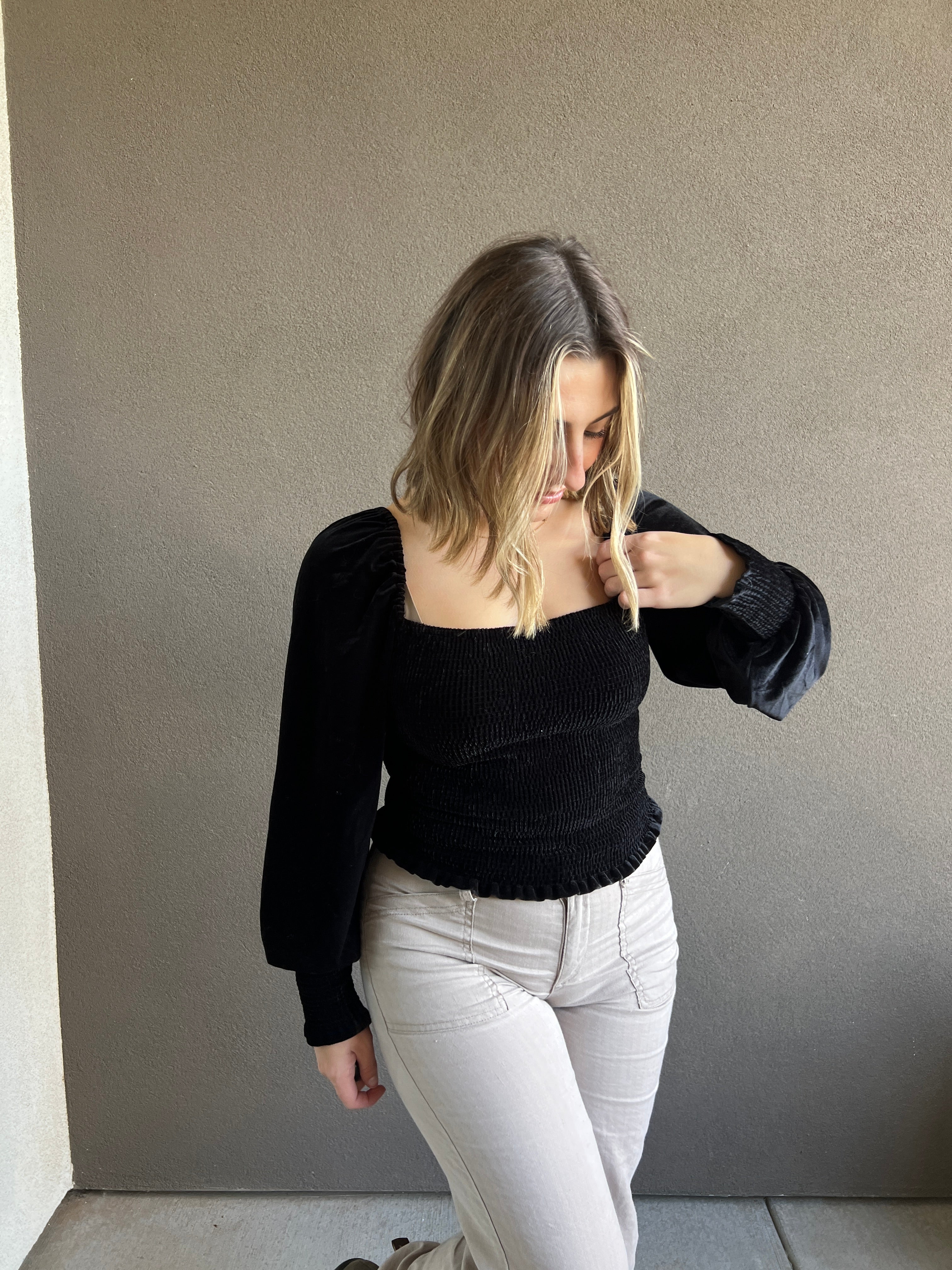 Black Velvet Smocked Blouse (S)