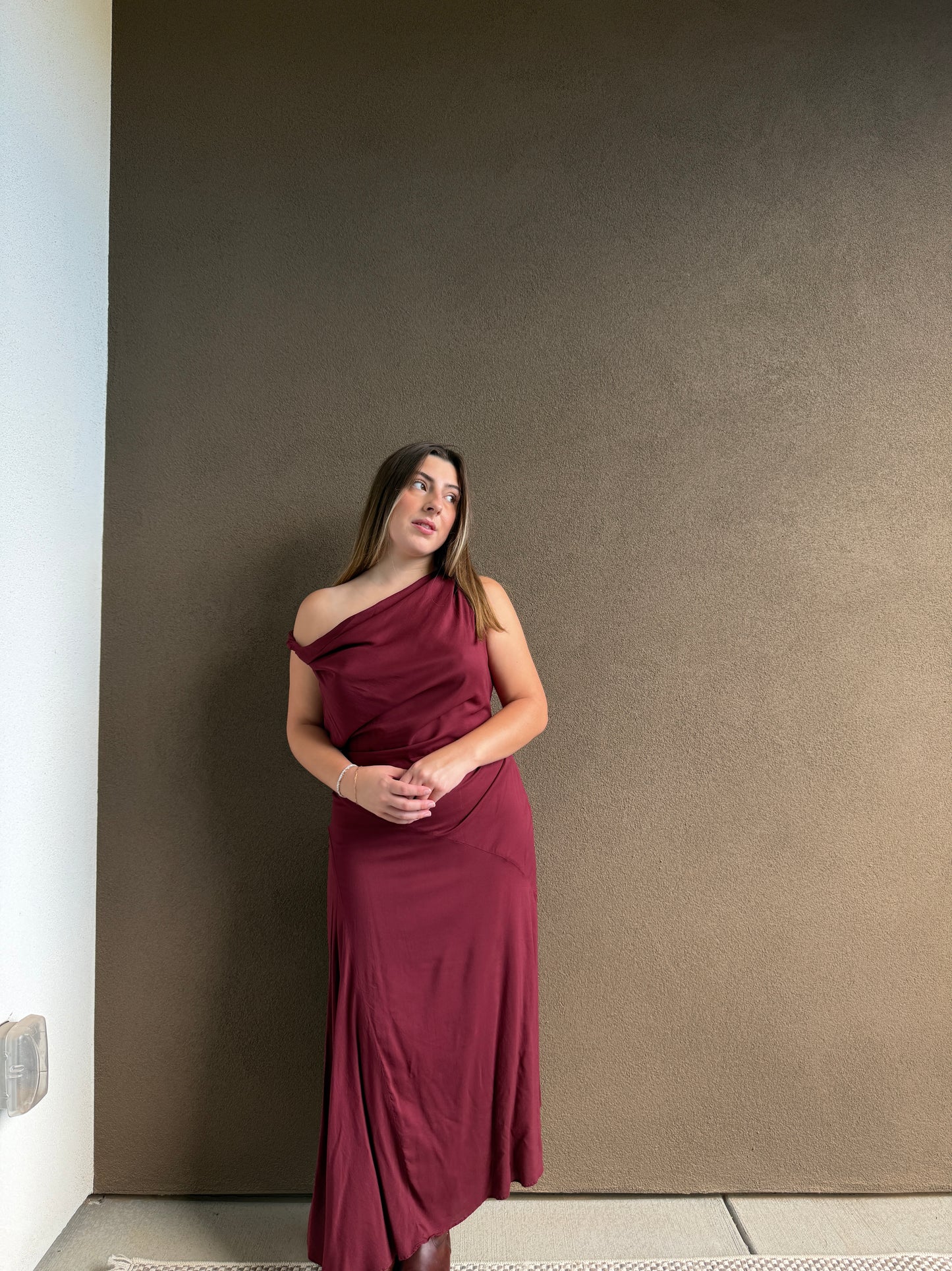 Cherry Crepe Twist-Shoulder Dress (10)