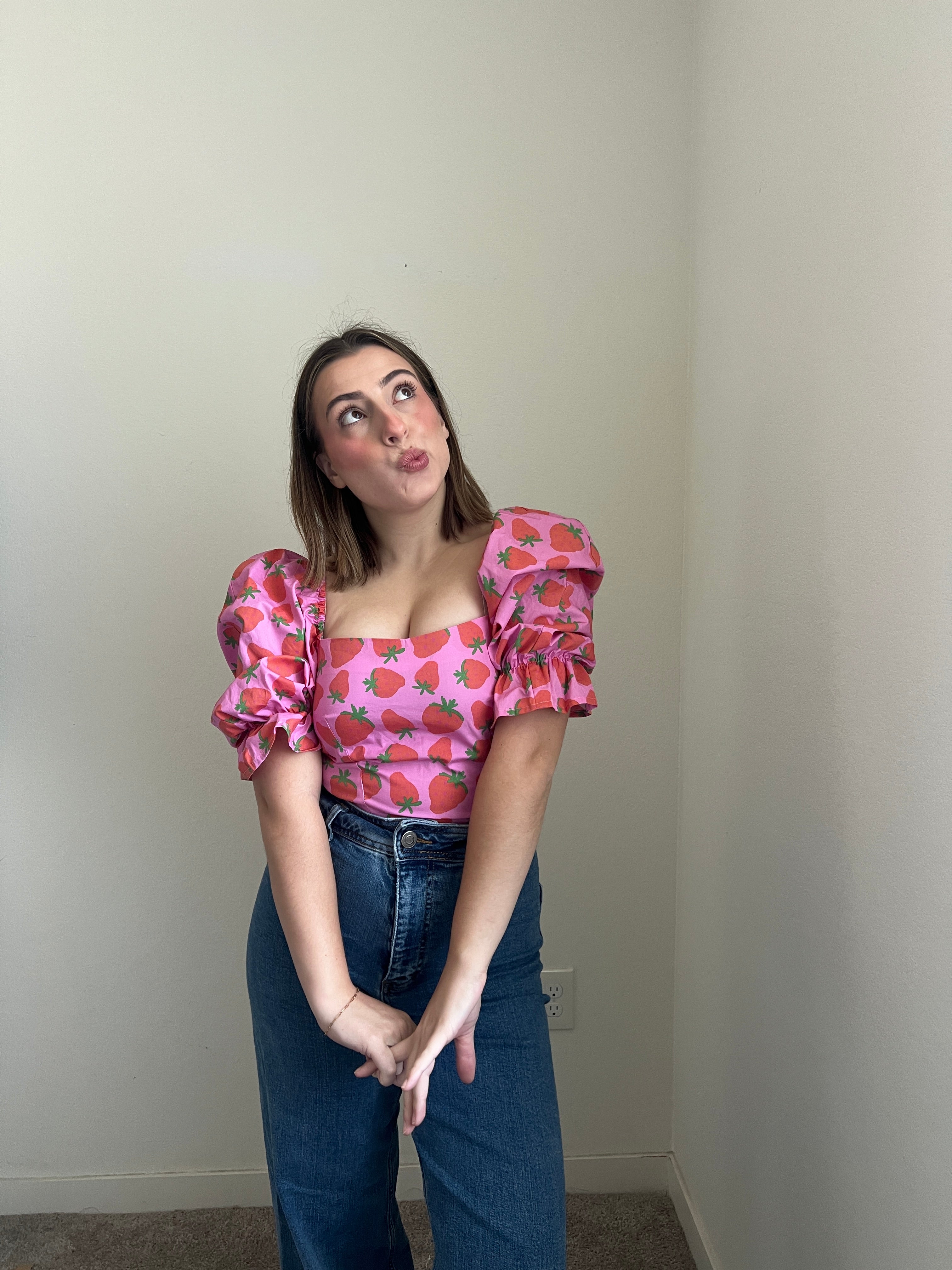 Strawberry Puff Sleeve Blouse (XS)