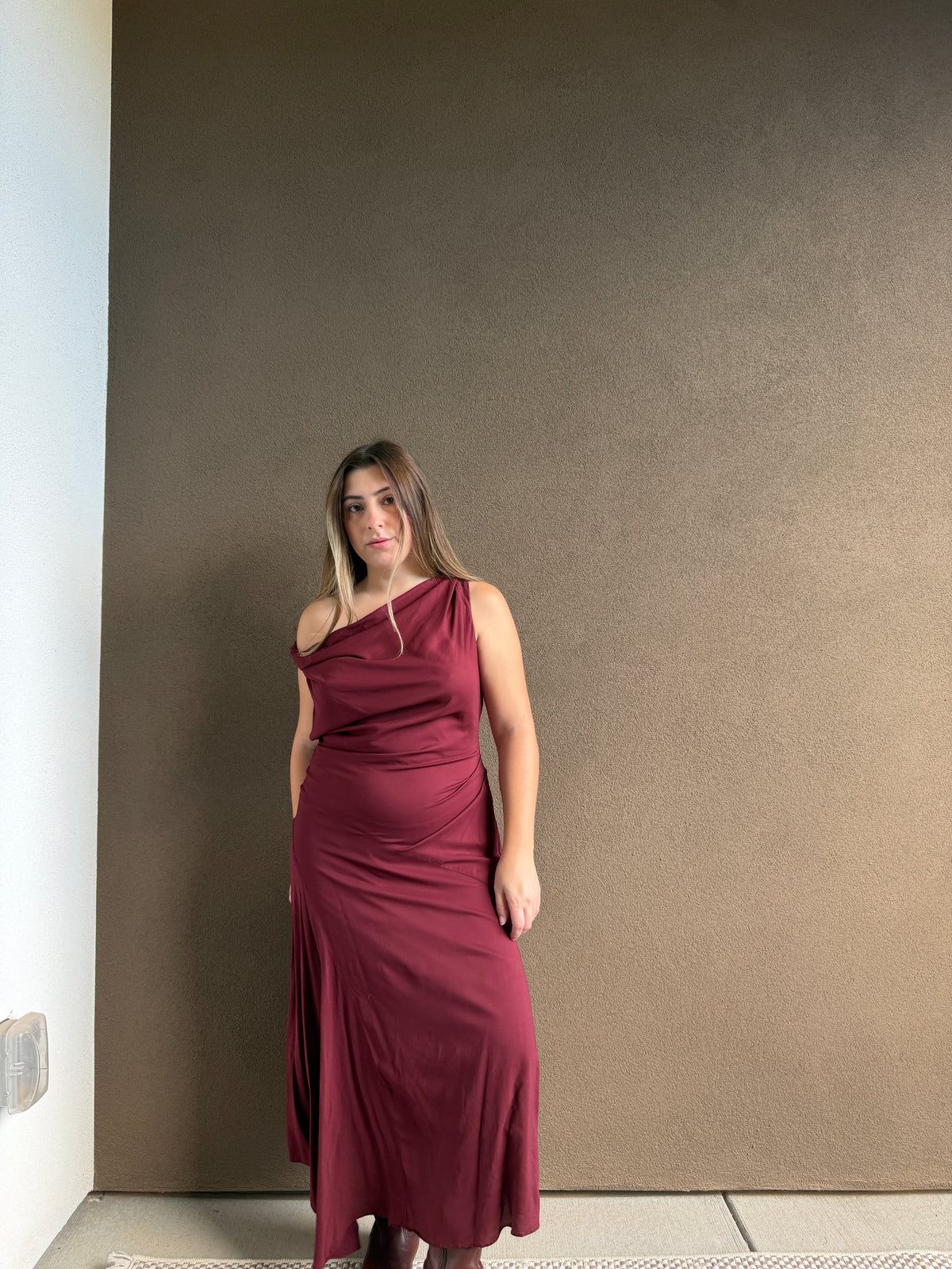 Cherry Crepe Twist-Shoulder Dress (10)
