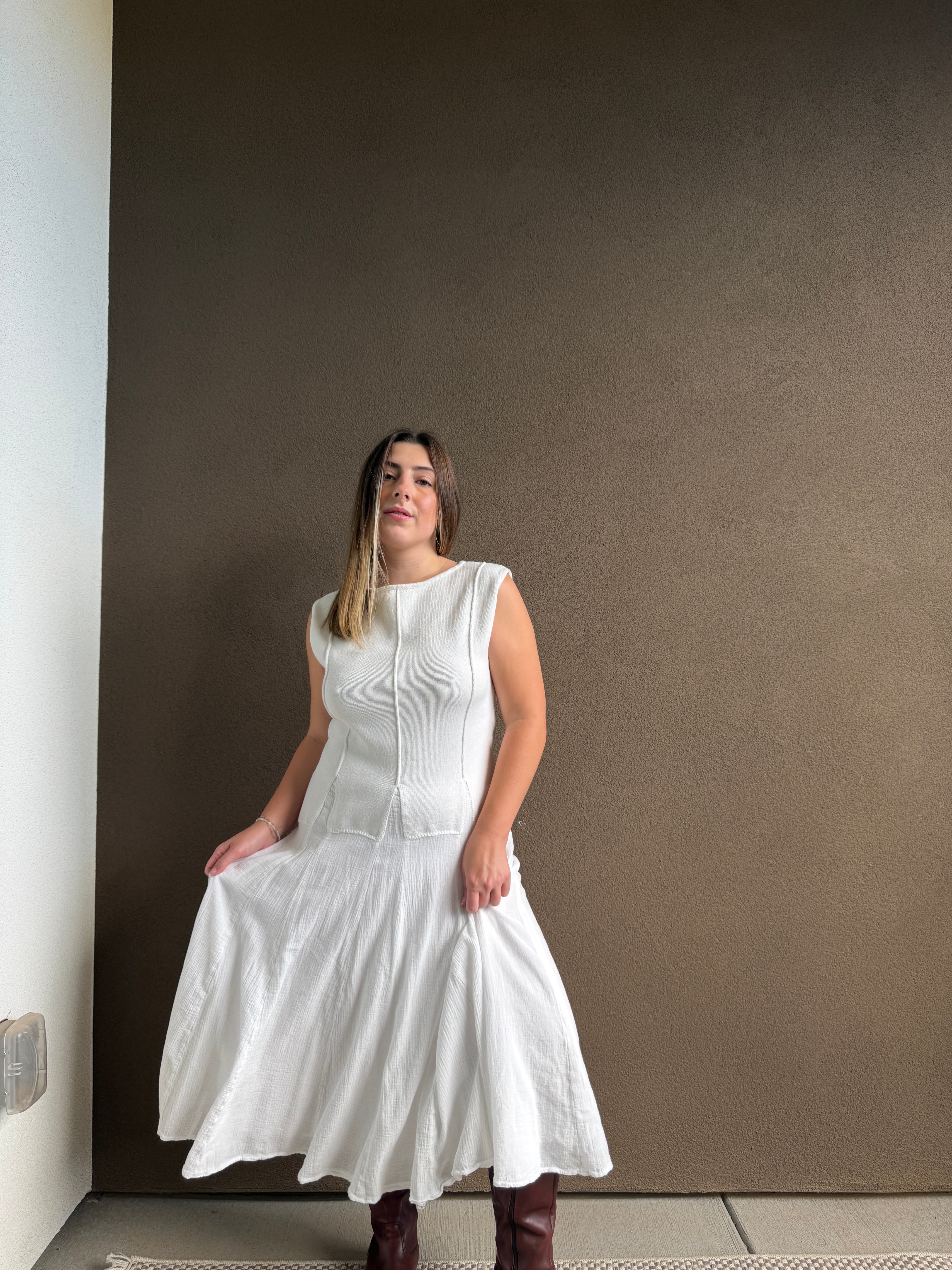 White Cotton Drop Waist Maxi Dress (M)