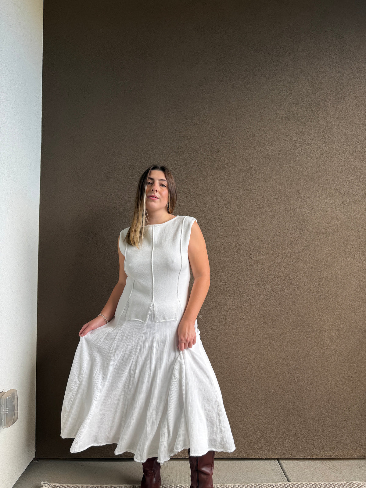 White Cotton Drop Waist Maxi Dress (M)
