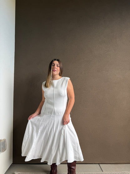 White Cotton Drop Waist Maxi Dress (M)