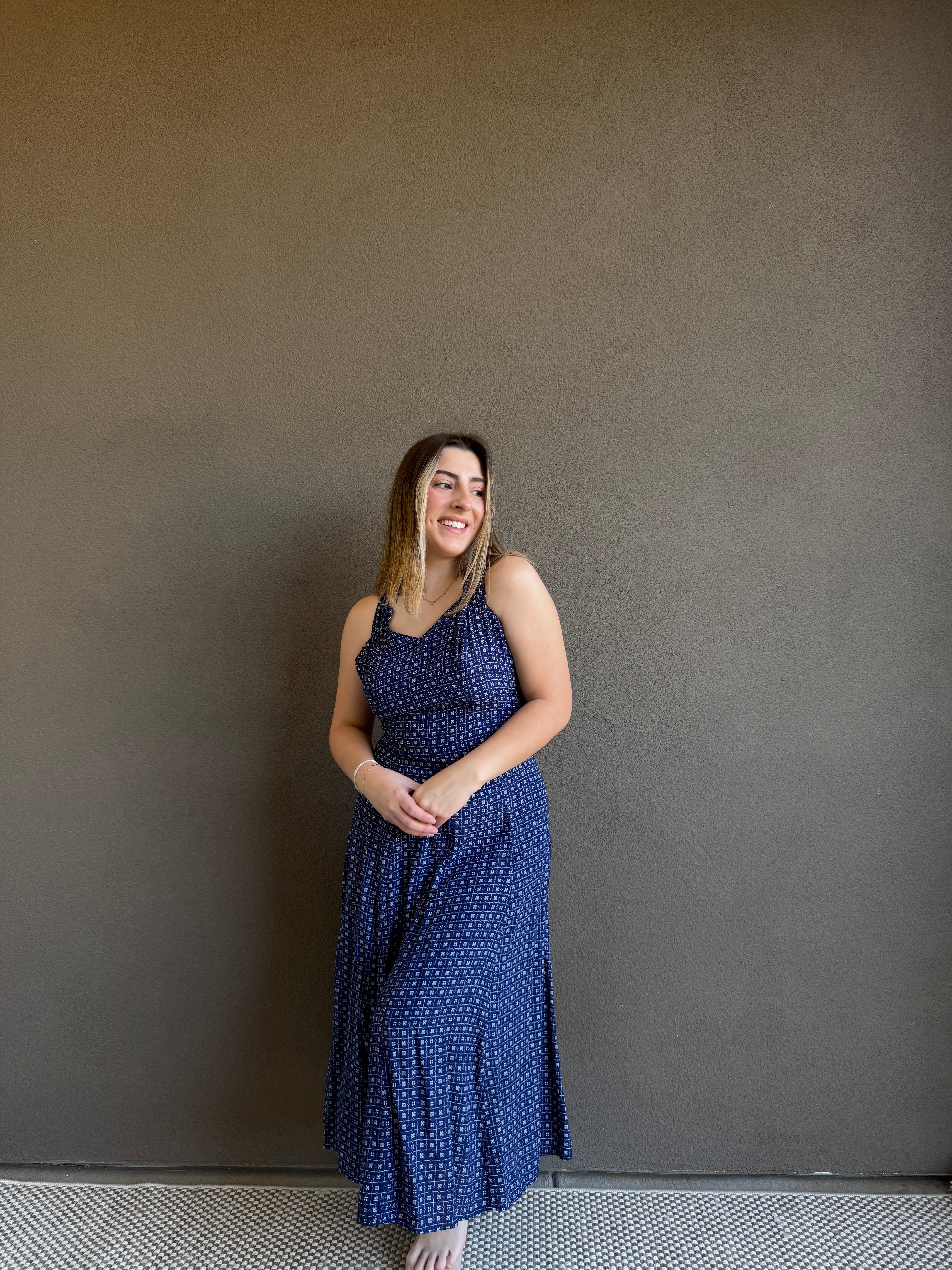 Vintage Blue Floral Midi Dress (XS)