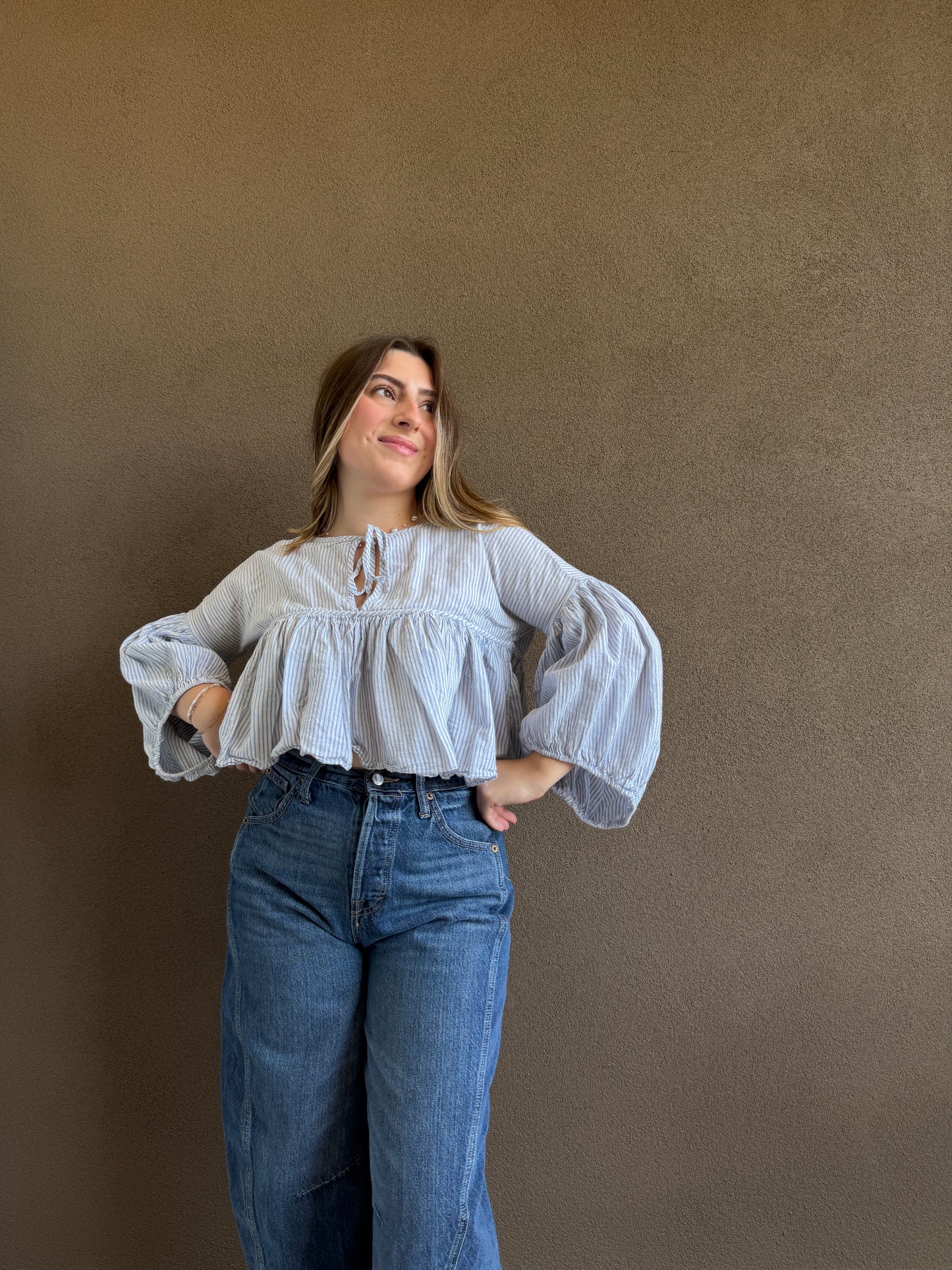 Free People Striped Puff Sleeve (XS)