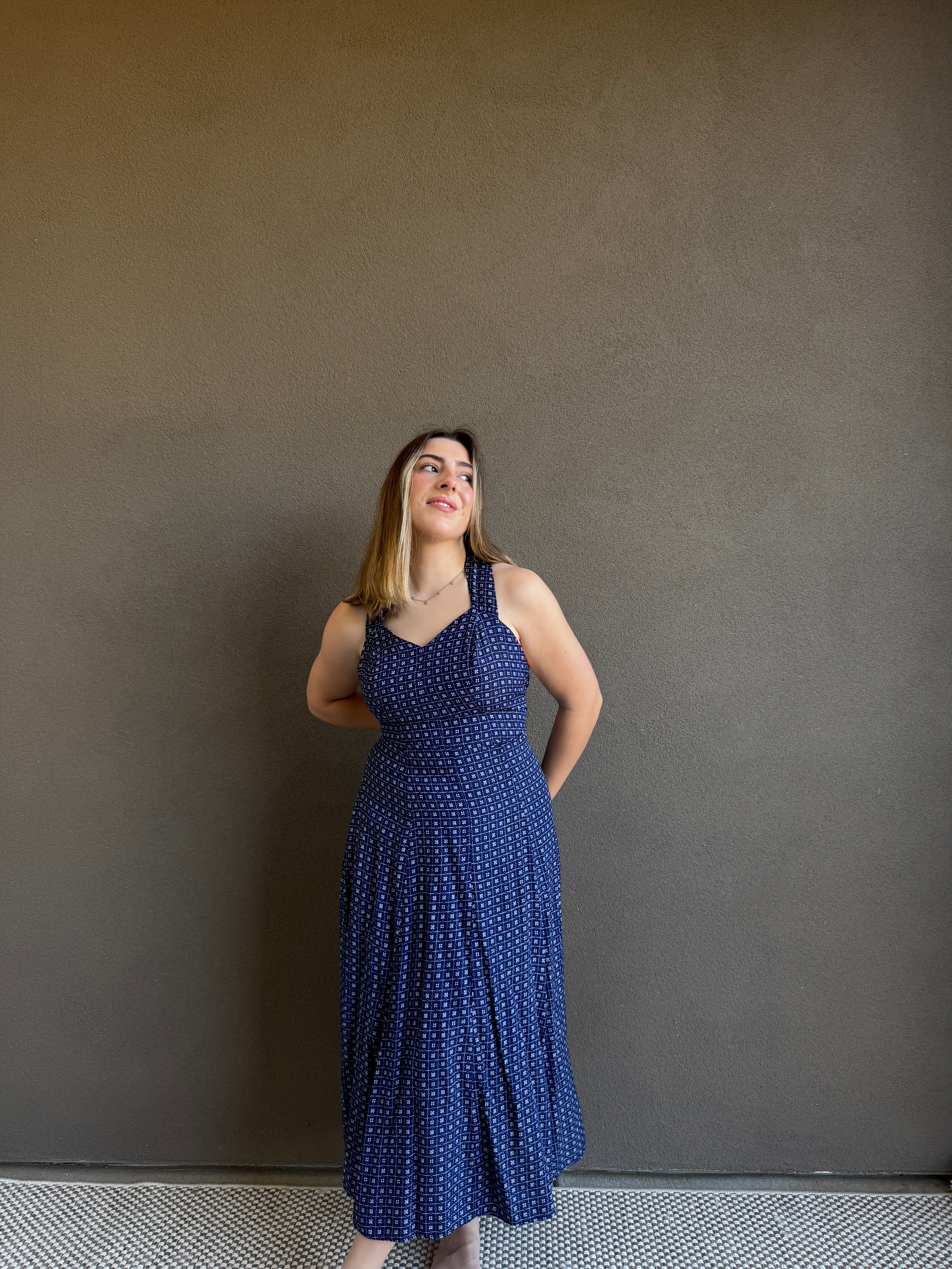 Vintage Blue Floral Midi Dress (XS)