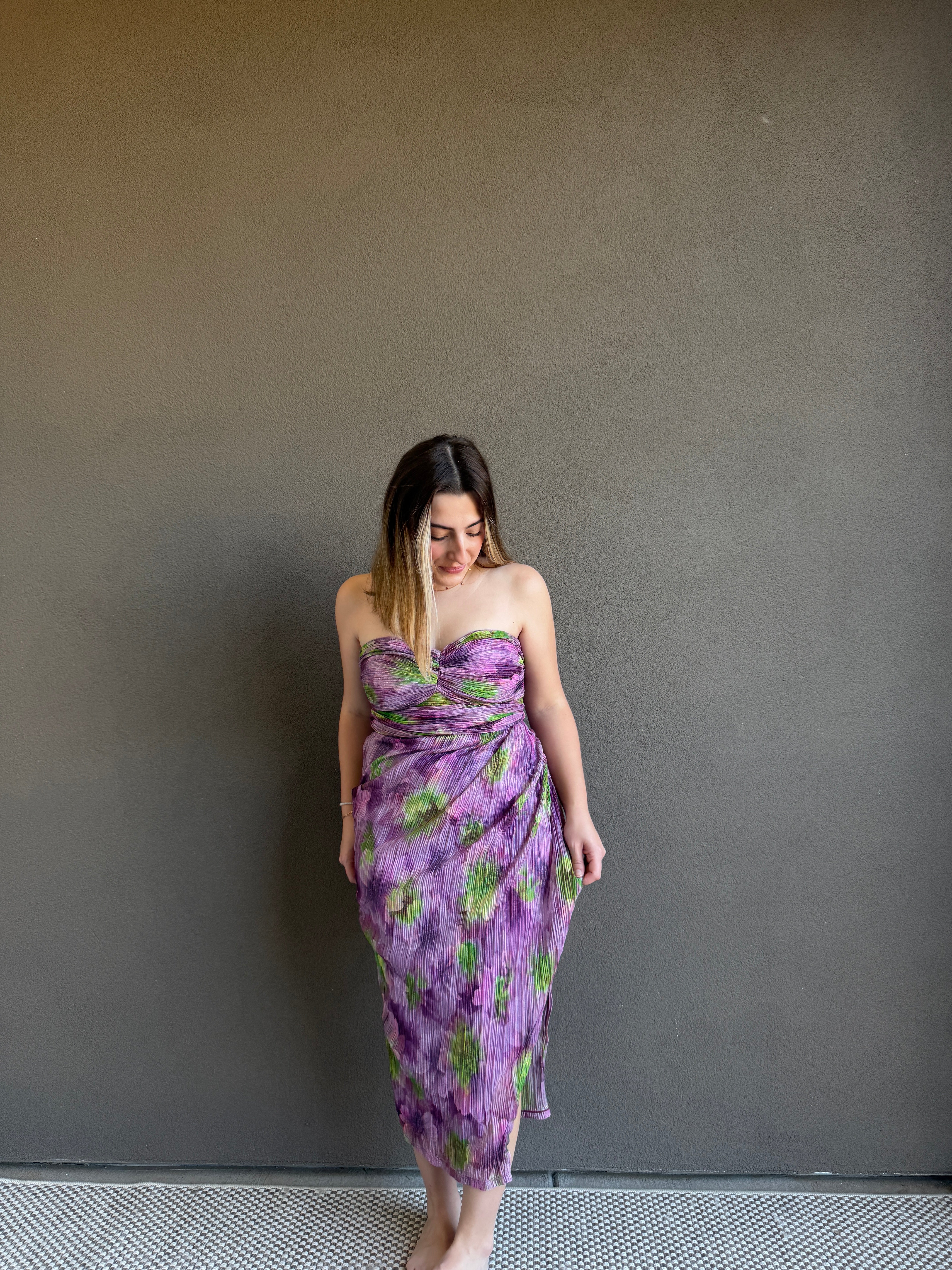 Purple Floral Strapless Dress (4)