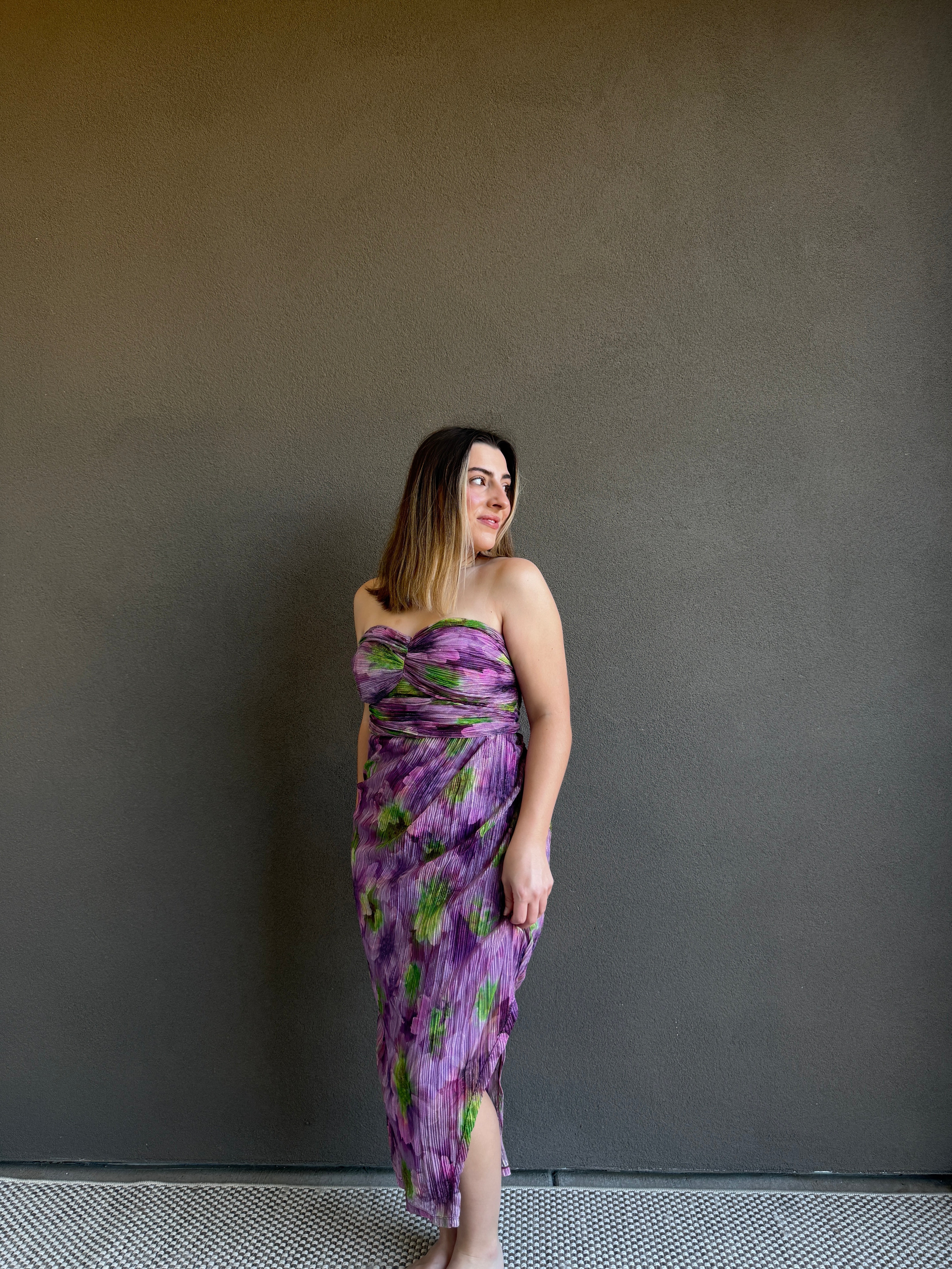 Purple Floral Strapless Dress (4)
