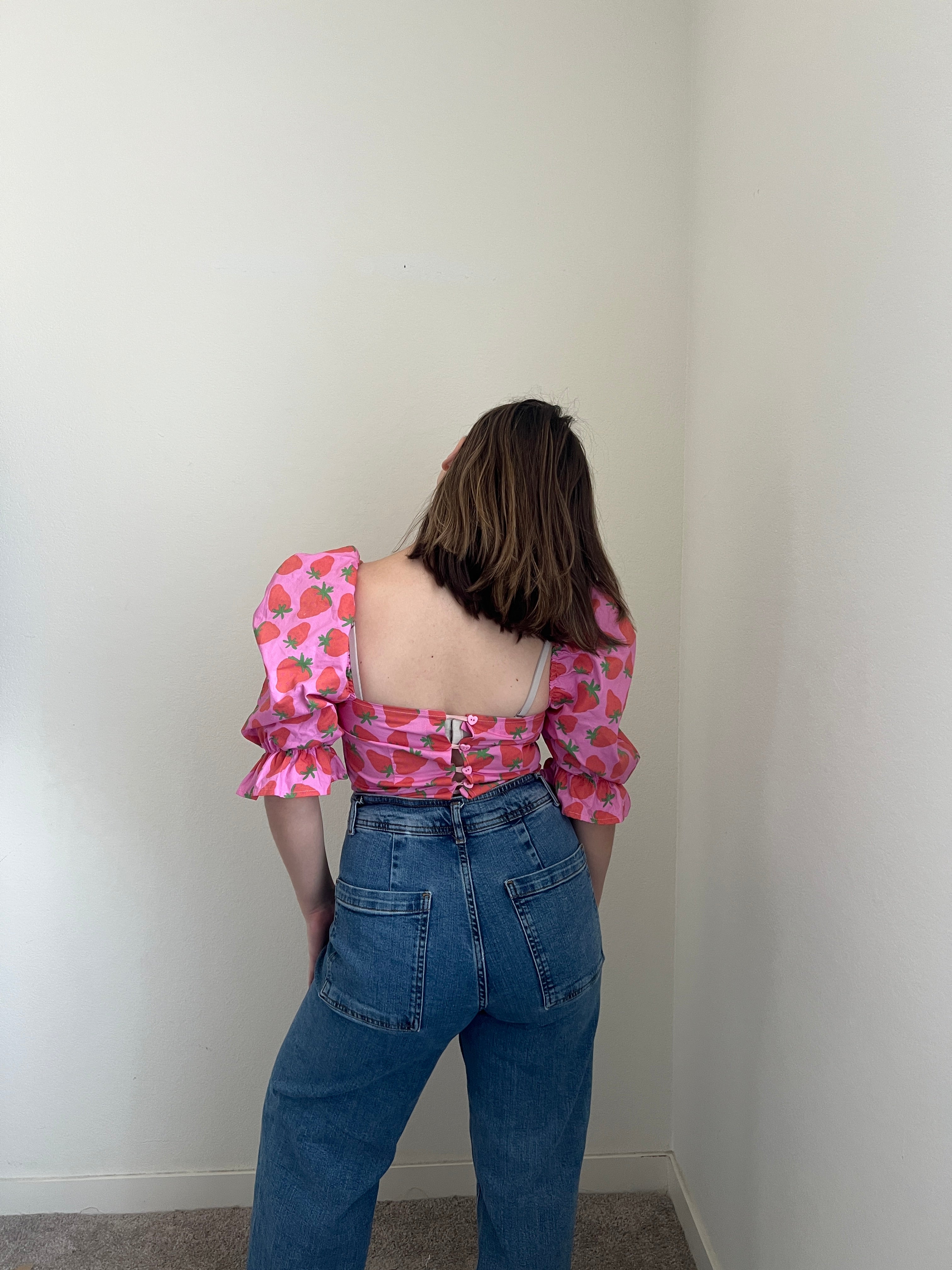 Strawberry Puff Sleeve Blouse (XS)