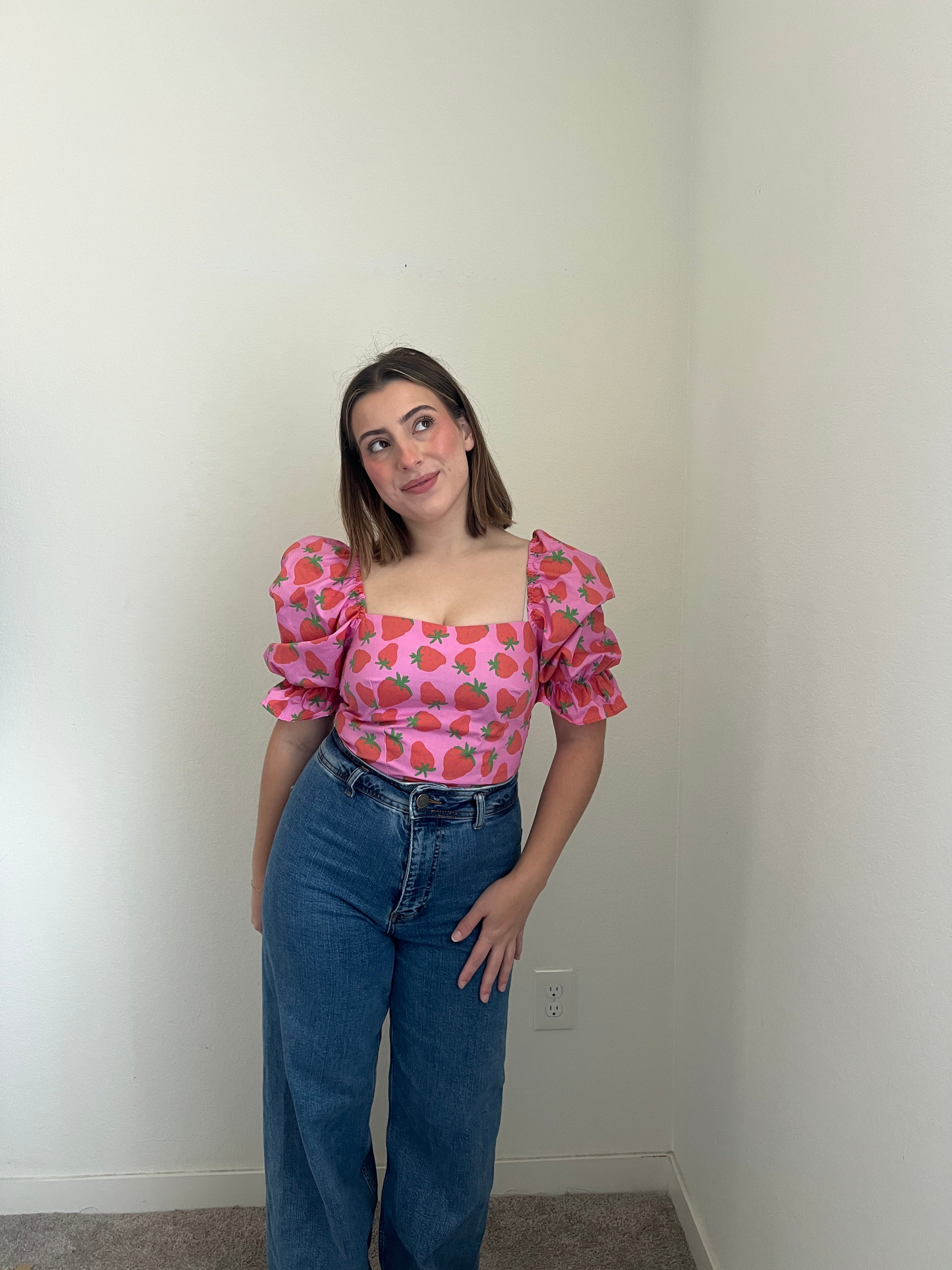 Strawberry Puff Sleeve Blouse (XS)