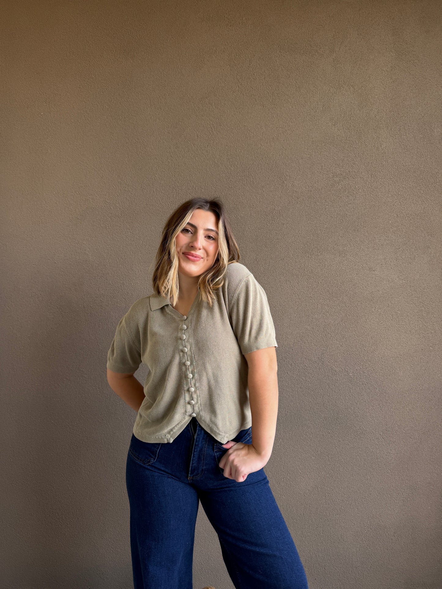 Vintage Sage Collared Button Top (S)