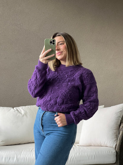 Purple Floral 3D Knit Sweater (M)