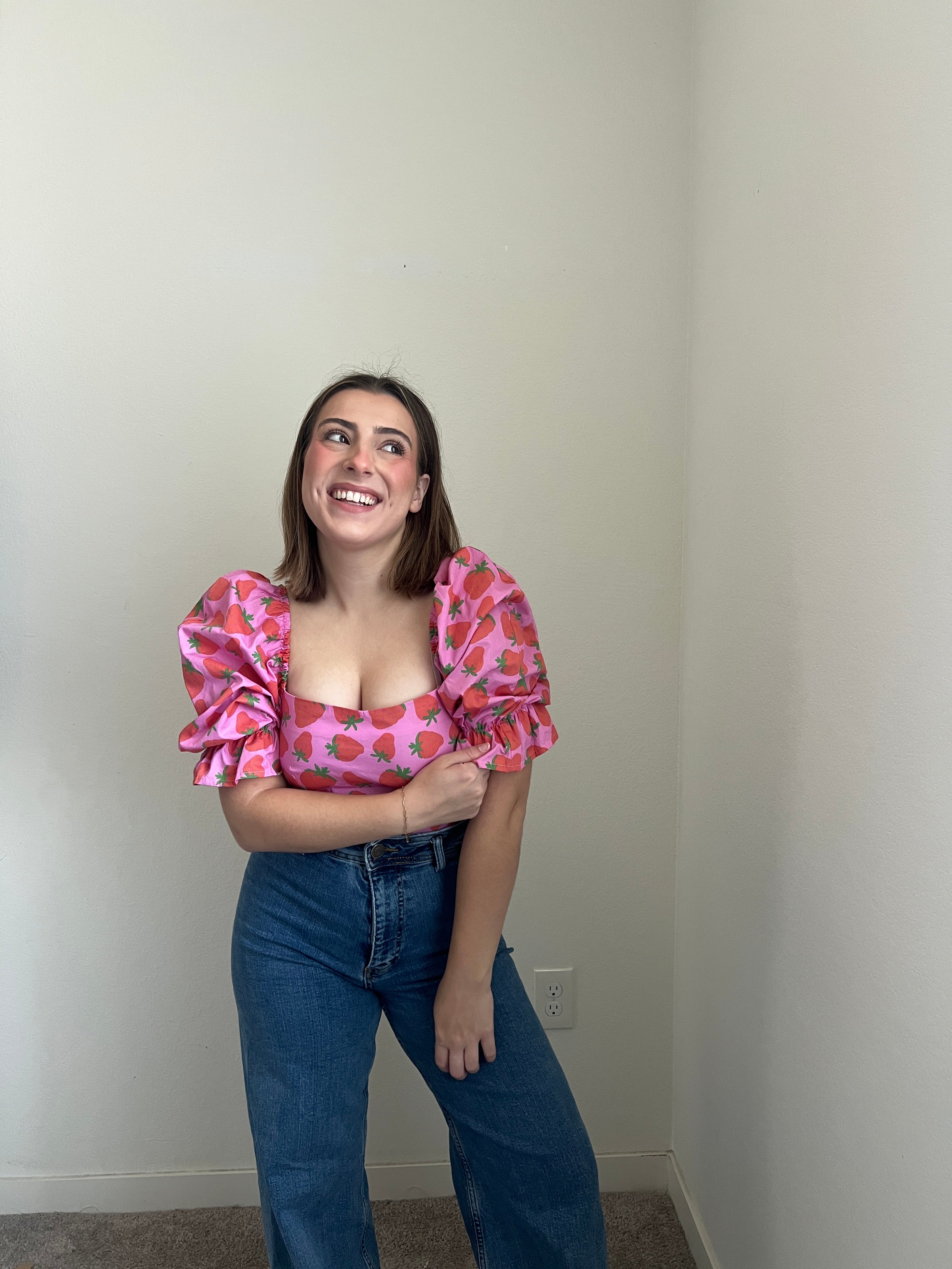 Strawberry Puff Sleeve Blouse (XS)