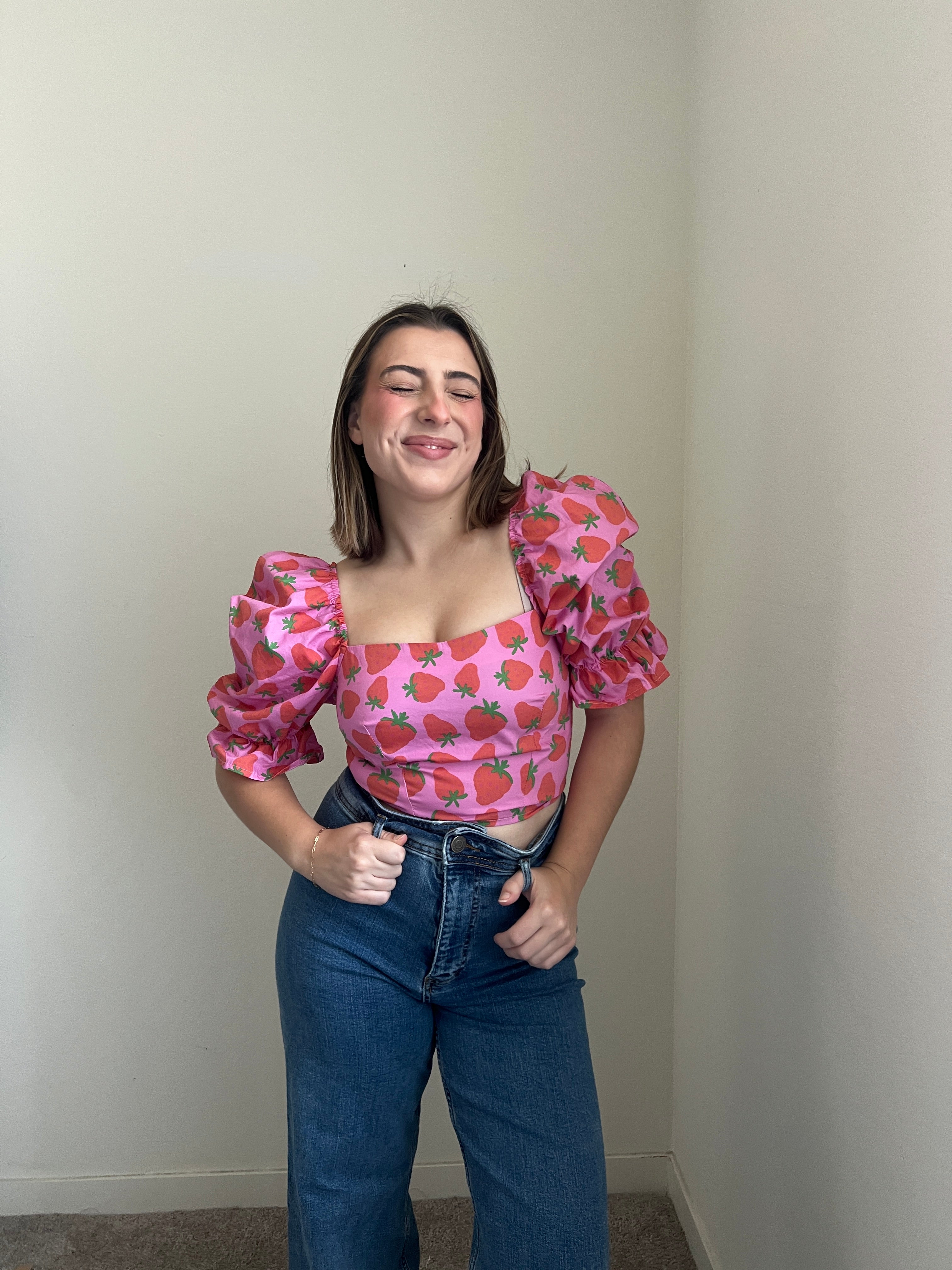 Strawberry Puff Sleeve Blouse (XS)