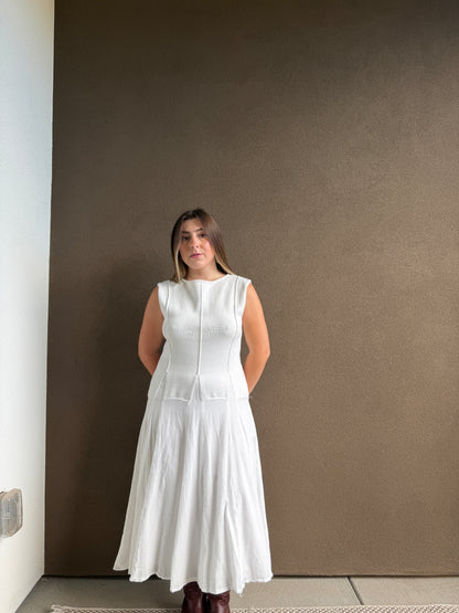 White Cotton Drop Waist Maxi Dress (M)