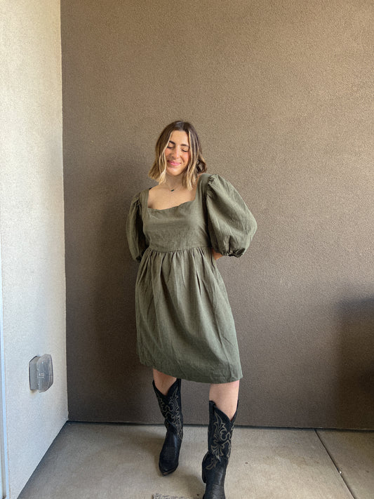 Olive Puff Sleeve Dress (1X)
