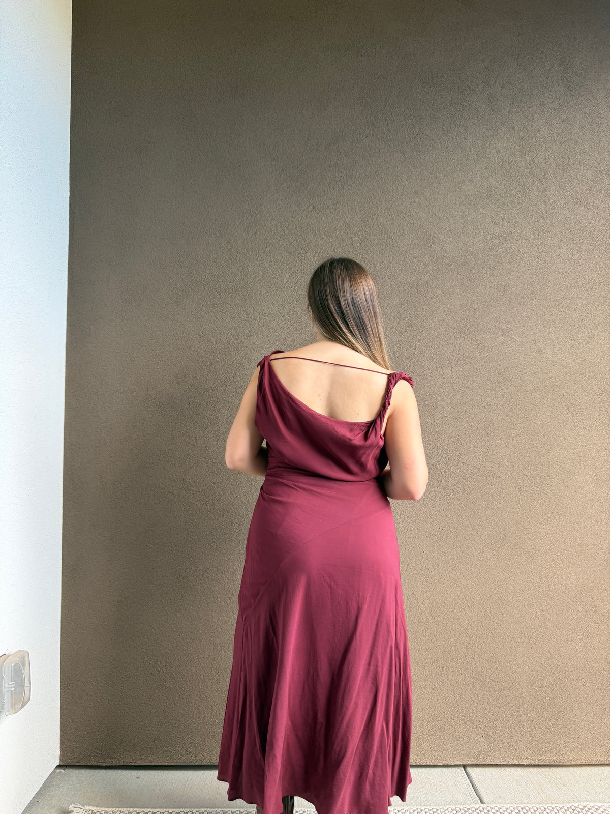 Cherry Crepe Twist-Shoulder Dress (10)