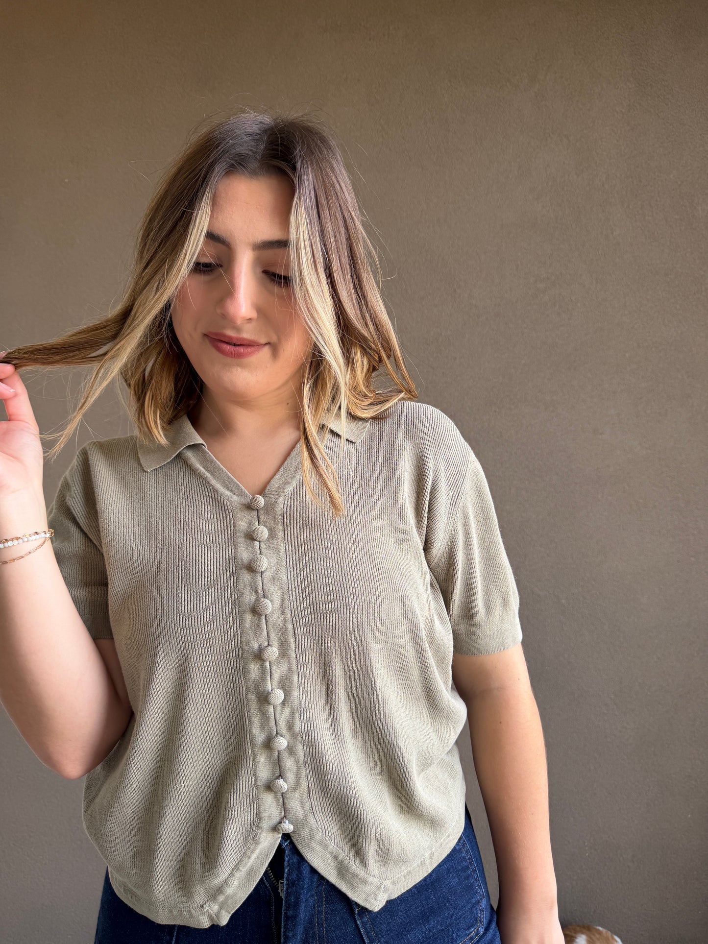 Vintage Sage Collared Button Top (S)