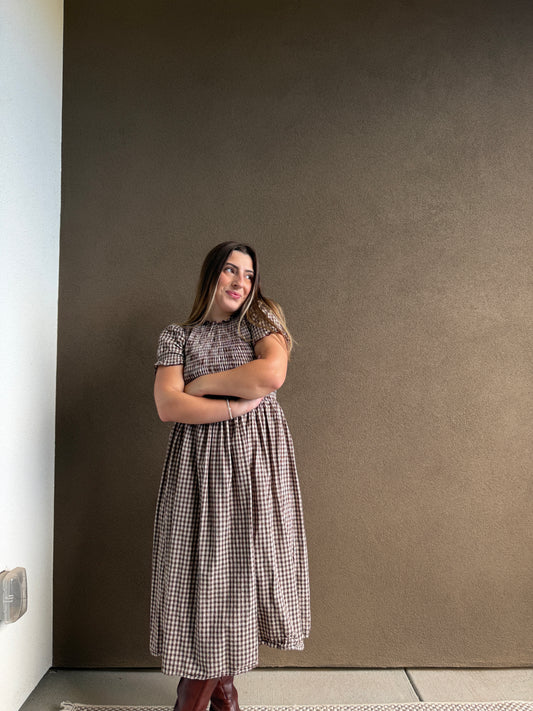 Coffee Plaid Shirred Puffed Sleeve Midi Dress (XS)