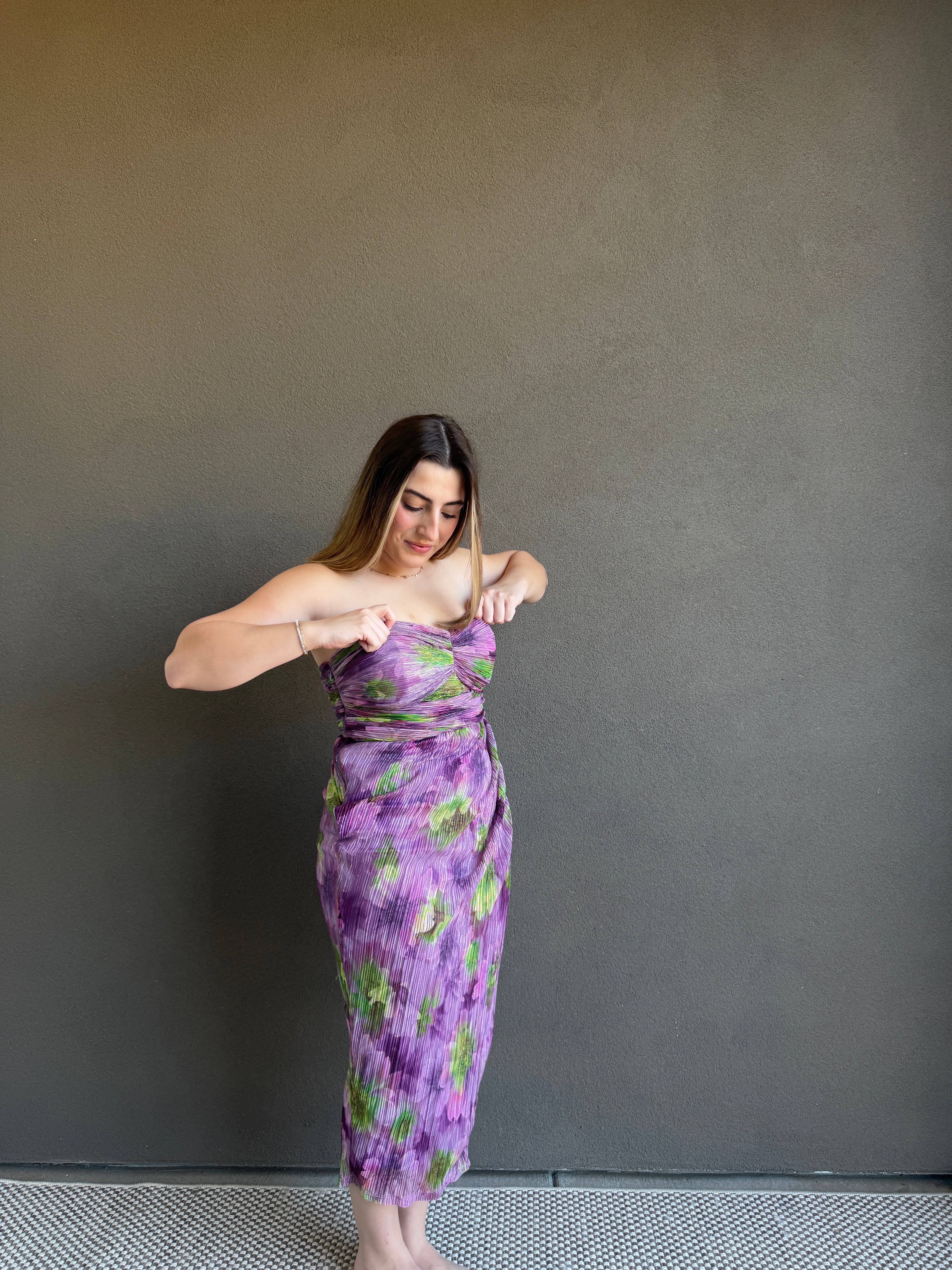 Purple Floral Strapless Dress (4)