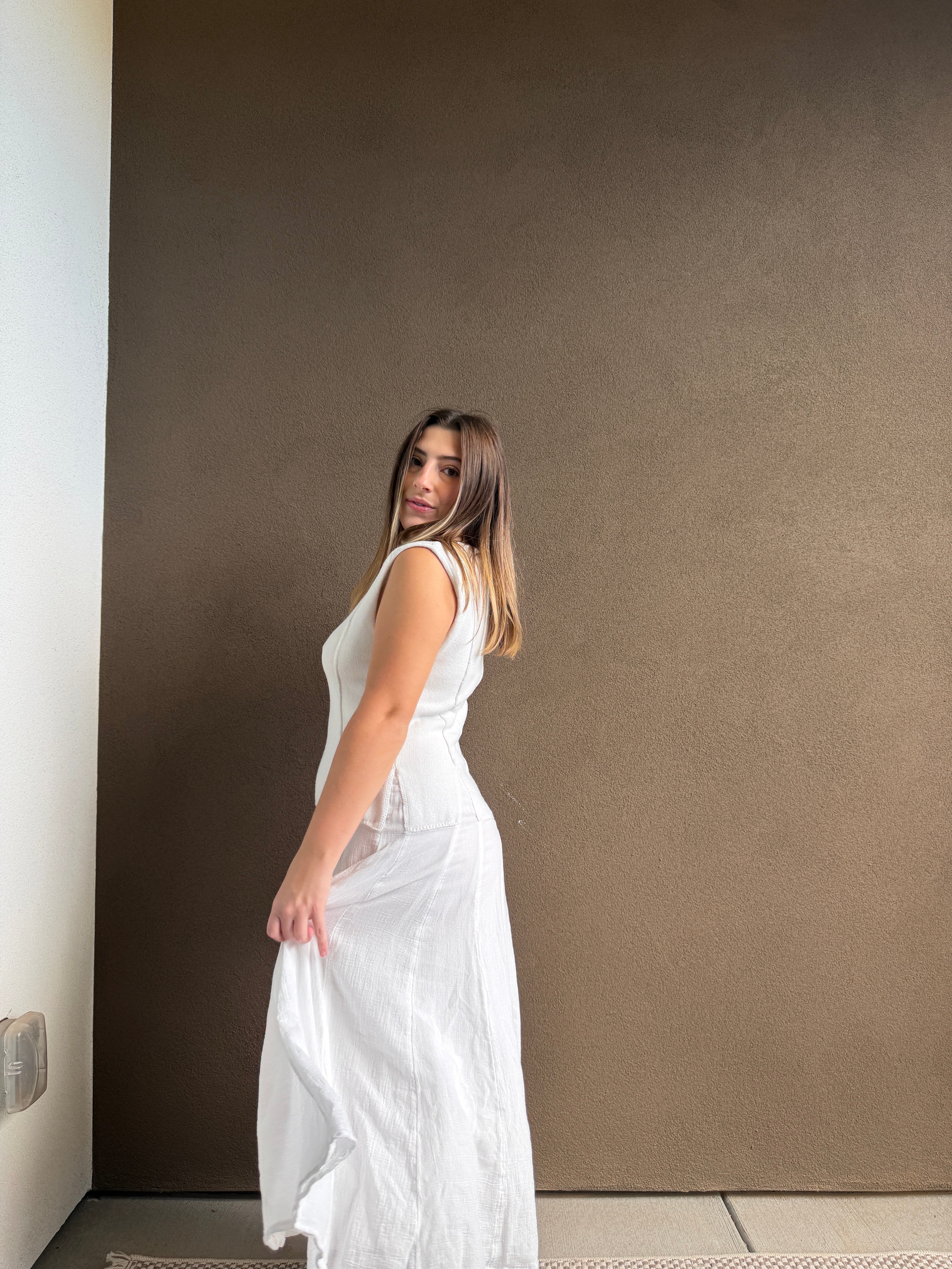 White Cotton Drop Waist Maxi Dress (M)