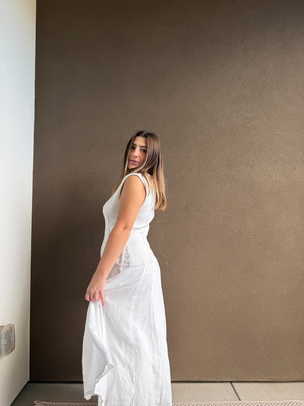 White Cotton Drop Waist Maxi Dress (M)