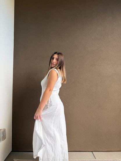 White Cotton Drop Waist Maxi Dress (M)