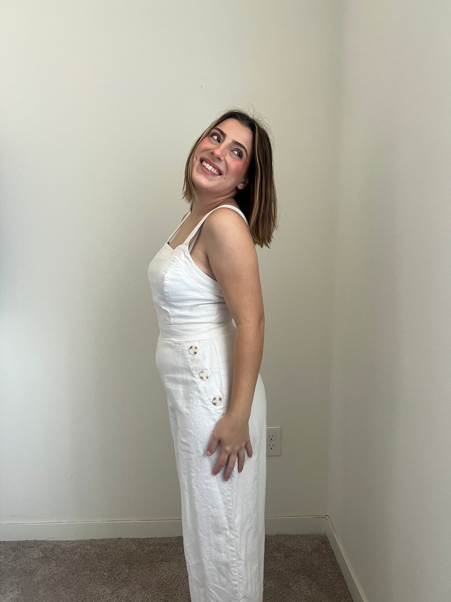 White Linen Blend Jumpsuit (M)