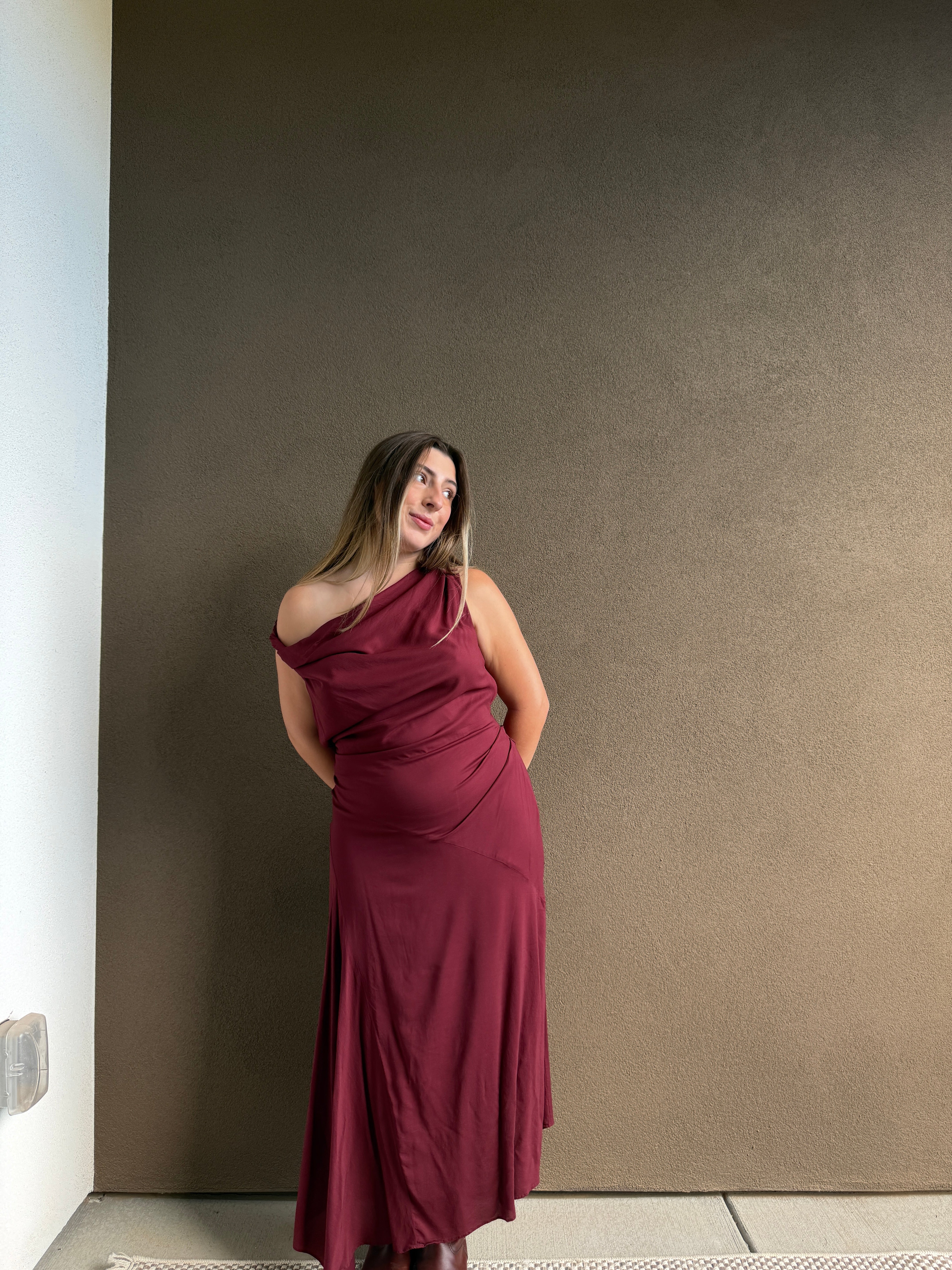 Cherry Crepe Twist-Shoulder Dress (10)