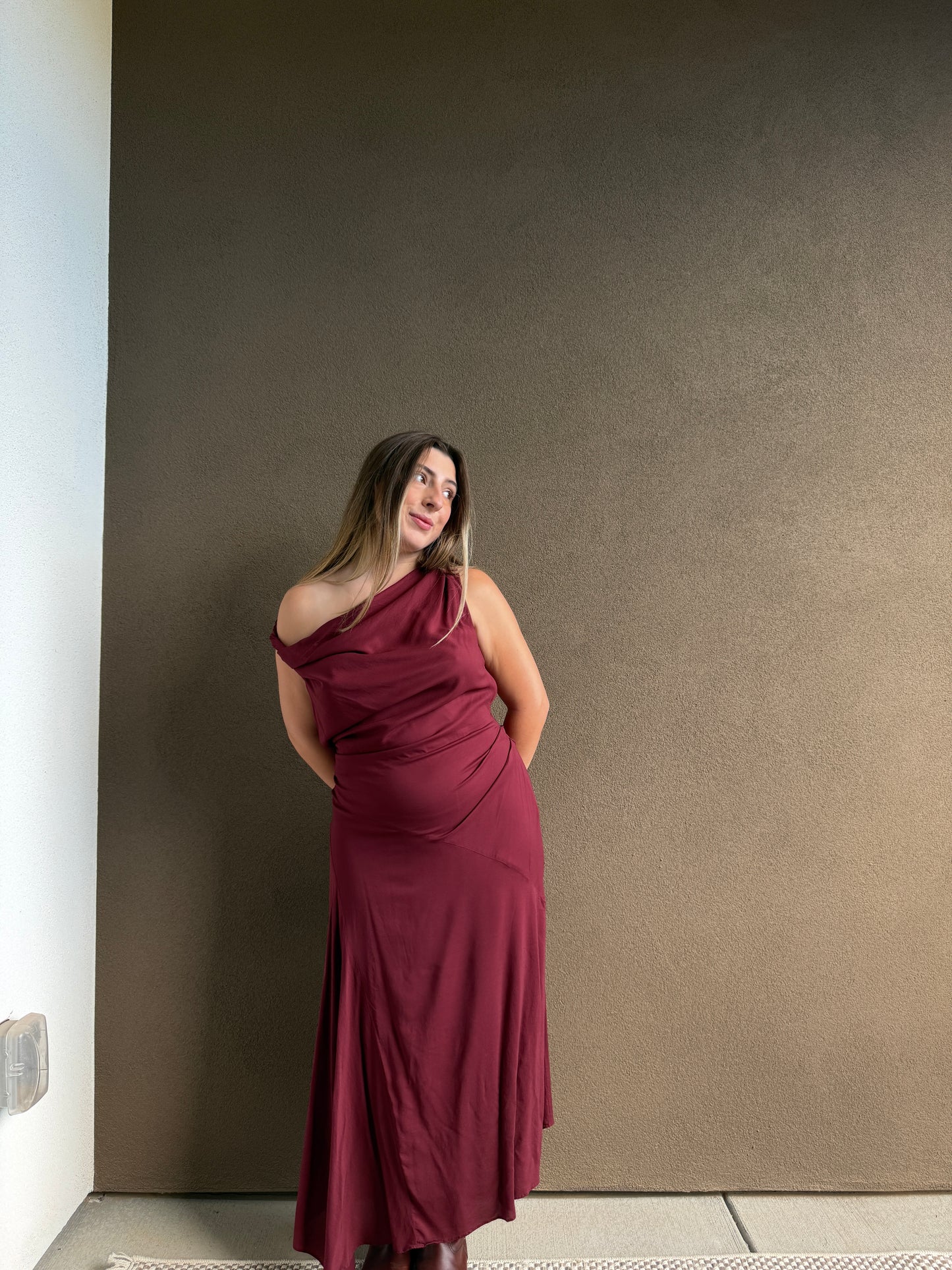 Cherry Crepe Twist-Shoulder Dress (10)