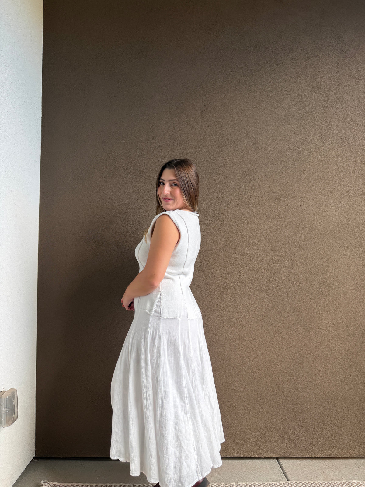 White Cotton Drop Waist Maxi Dress (M)