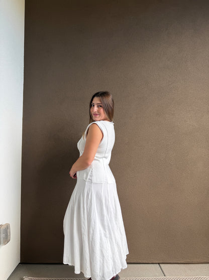 White Cotton Drop Waist Maxi Dress (M)
