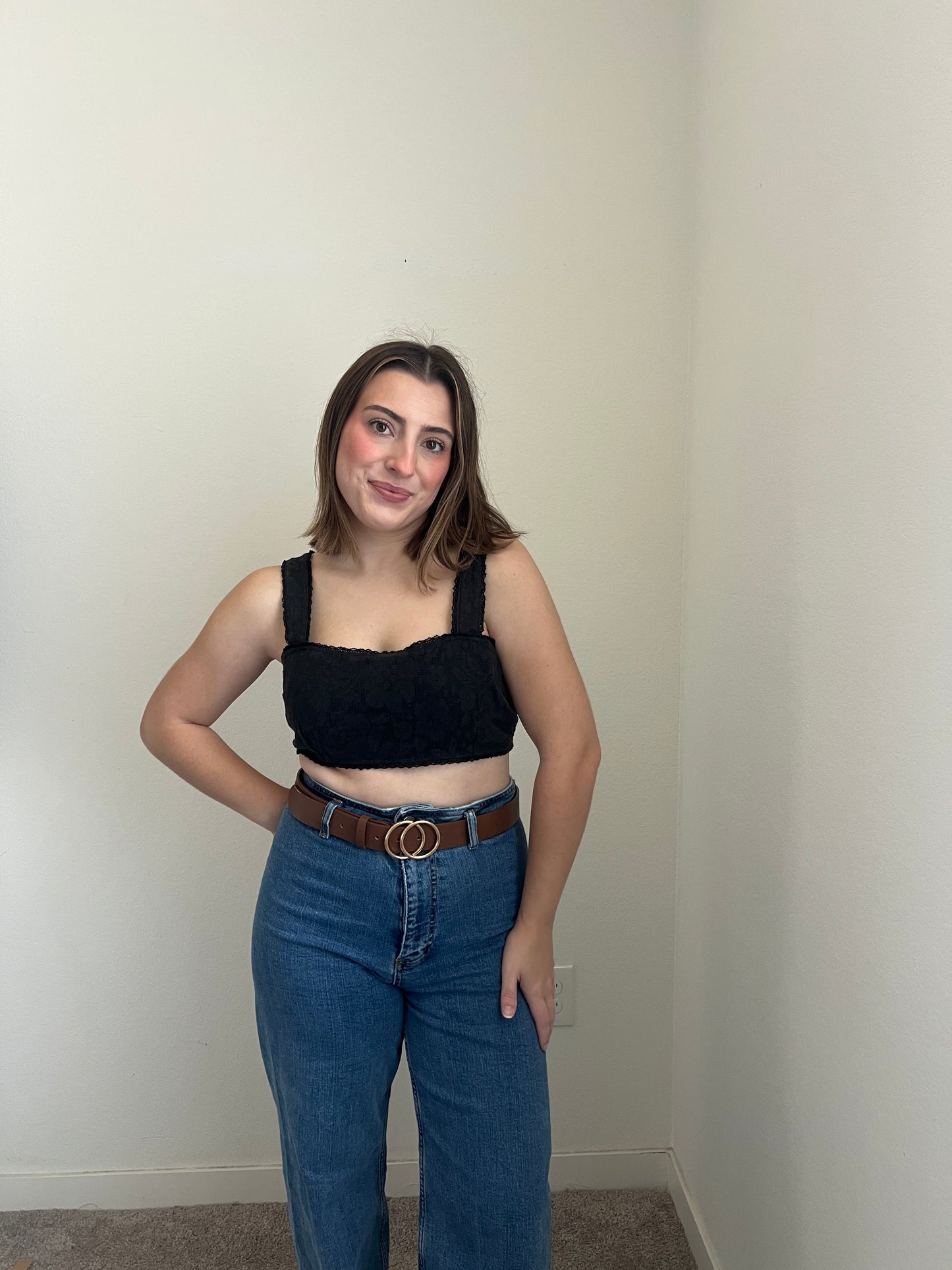 Black Lacy Cropped Tank (L)