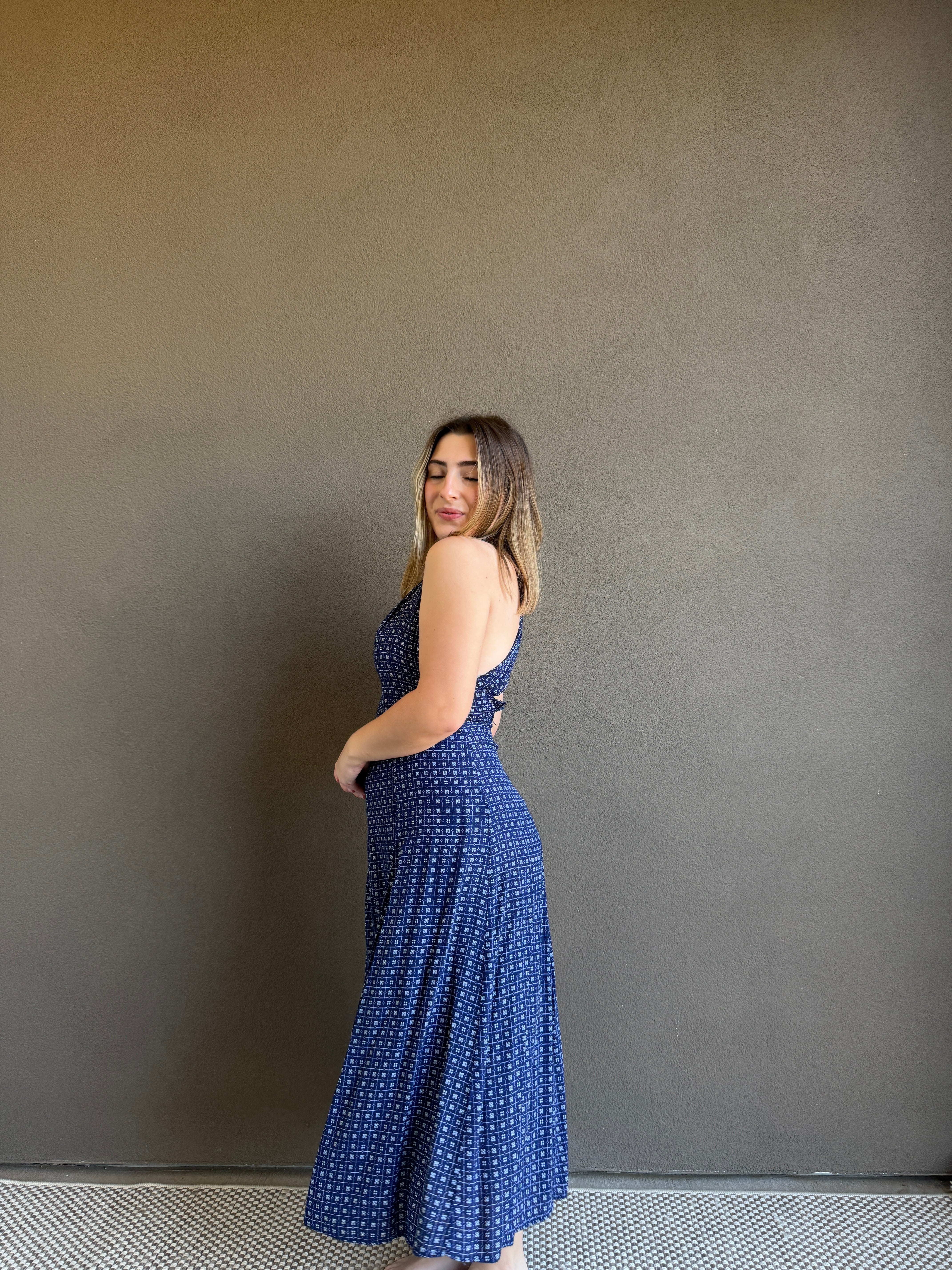 Vintage Blue Floral Midi Dress (XS)