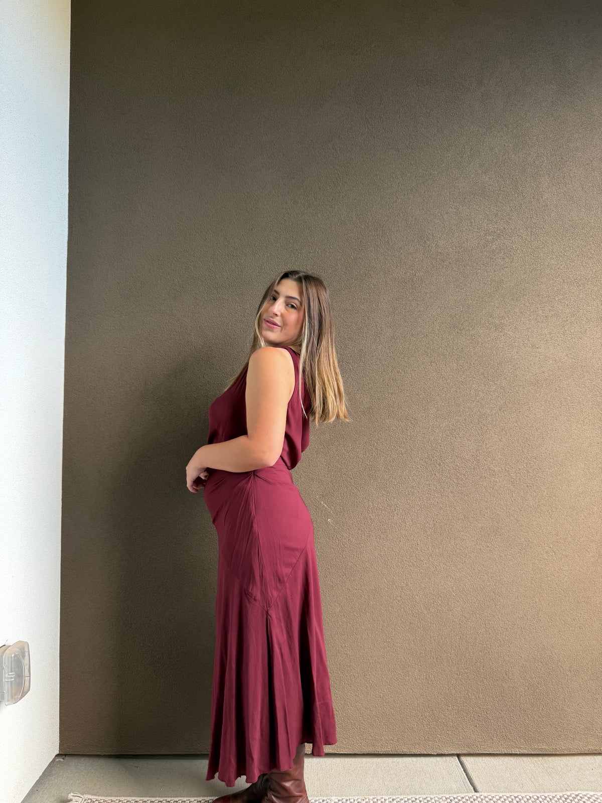 Cherry Crepe Twist-Shoulder Dress (10)