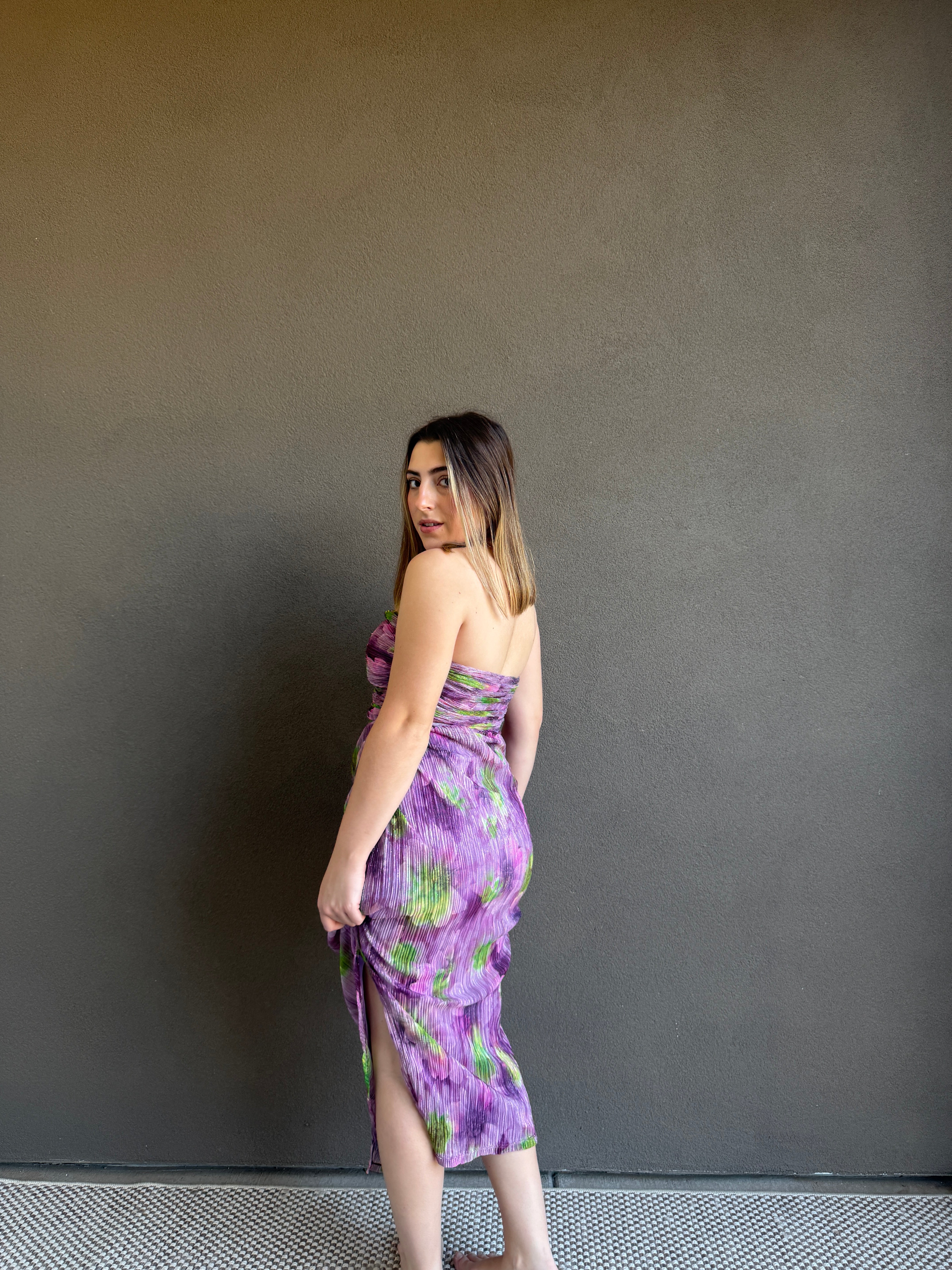 Purple Floral Strapless Dress (4)