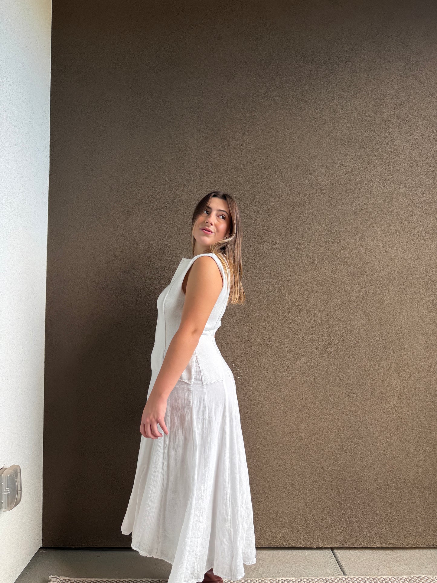White Cotton Drop Waist Maxi Dress (M)