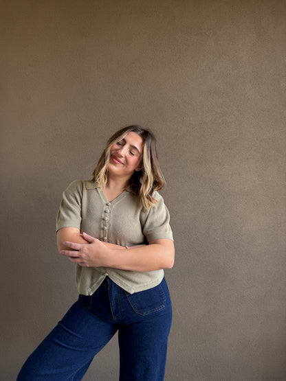 Vintage Sage Collared Button Top (S)