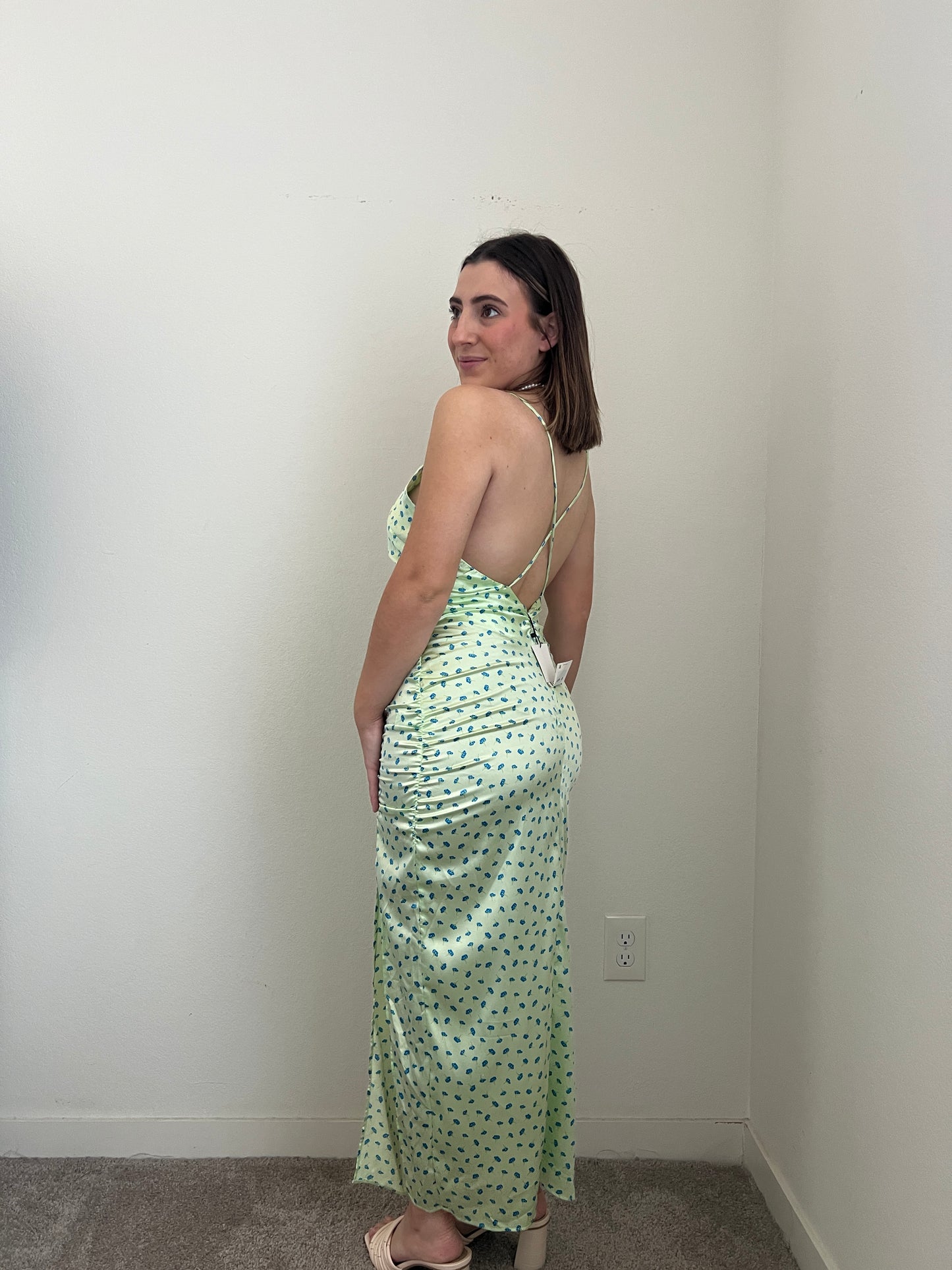 Satin Floral Ruched Dress- NWT (M)