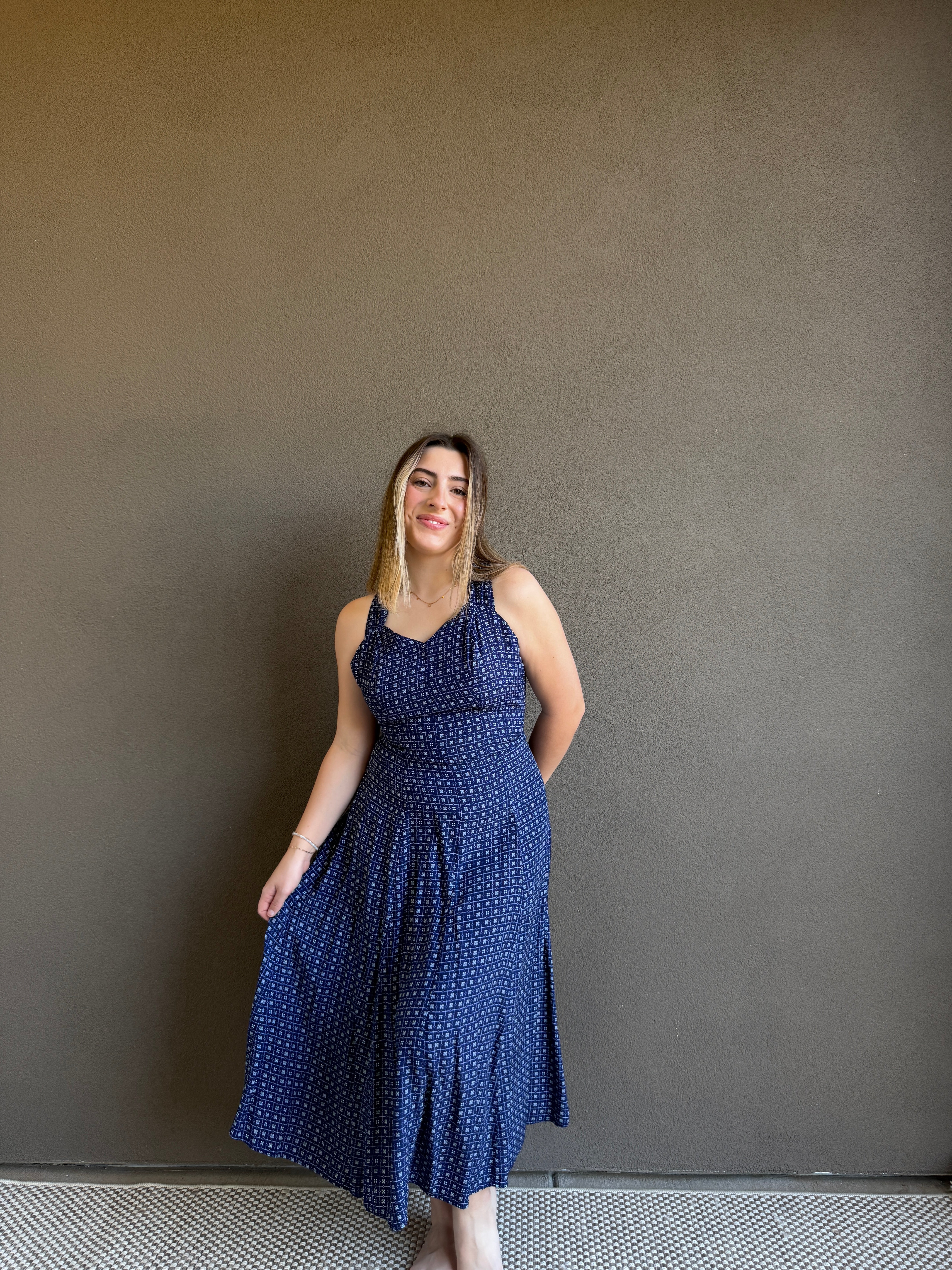 Vintage Blue Floral Midi Dress (XS)