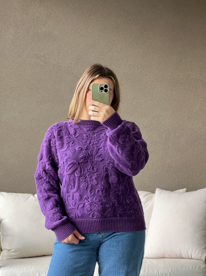 Purple Floral 3D Knit Sweater (M)