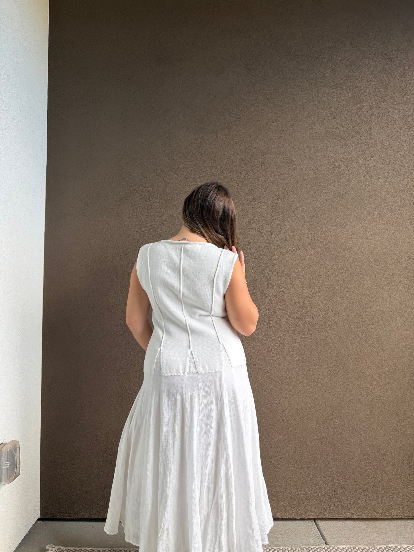 White Cotton Drop Waist Maxi Dress (M)