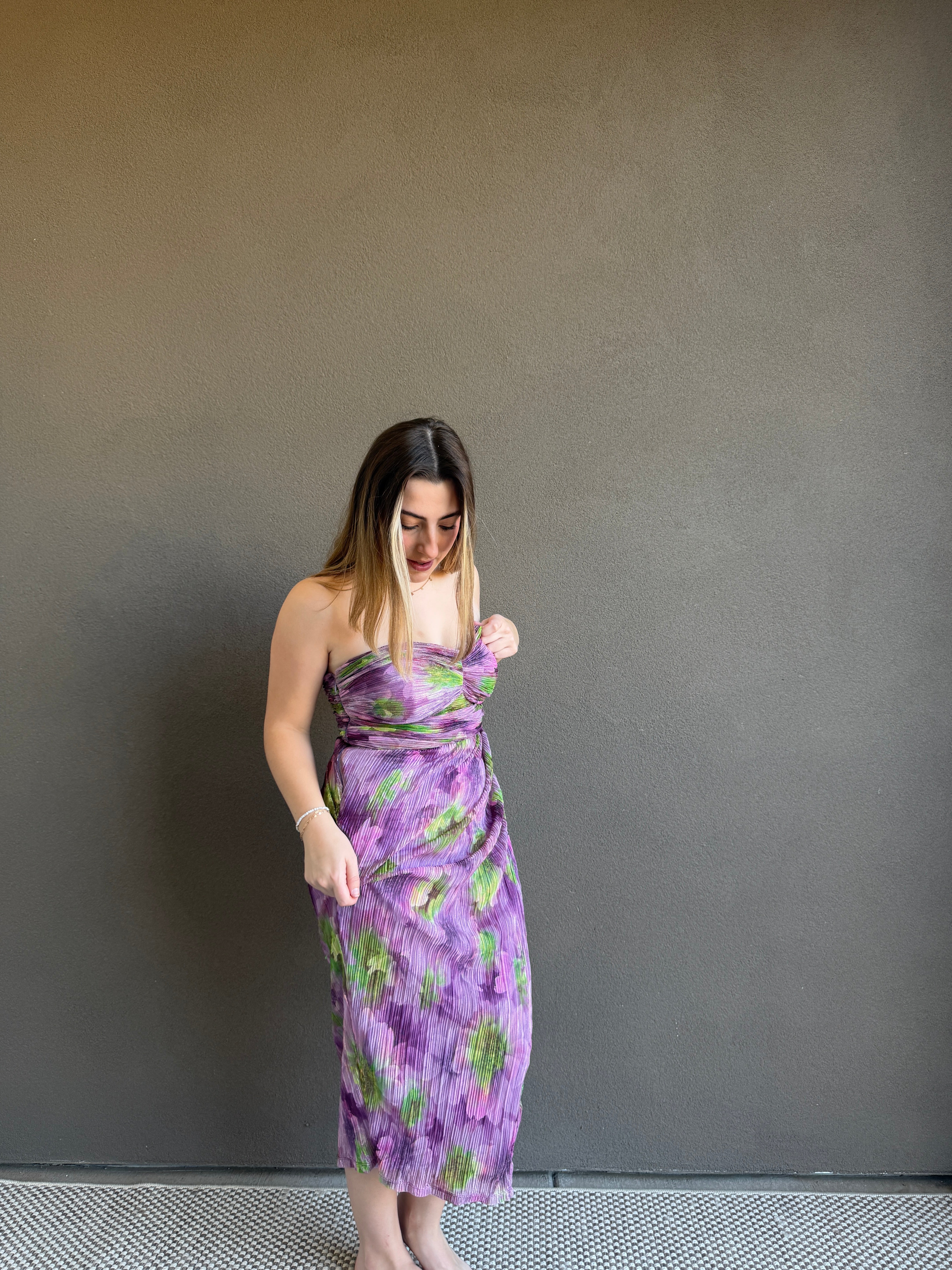 Purple Floral Strapless Dress (4)