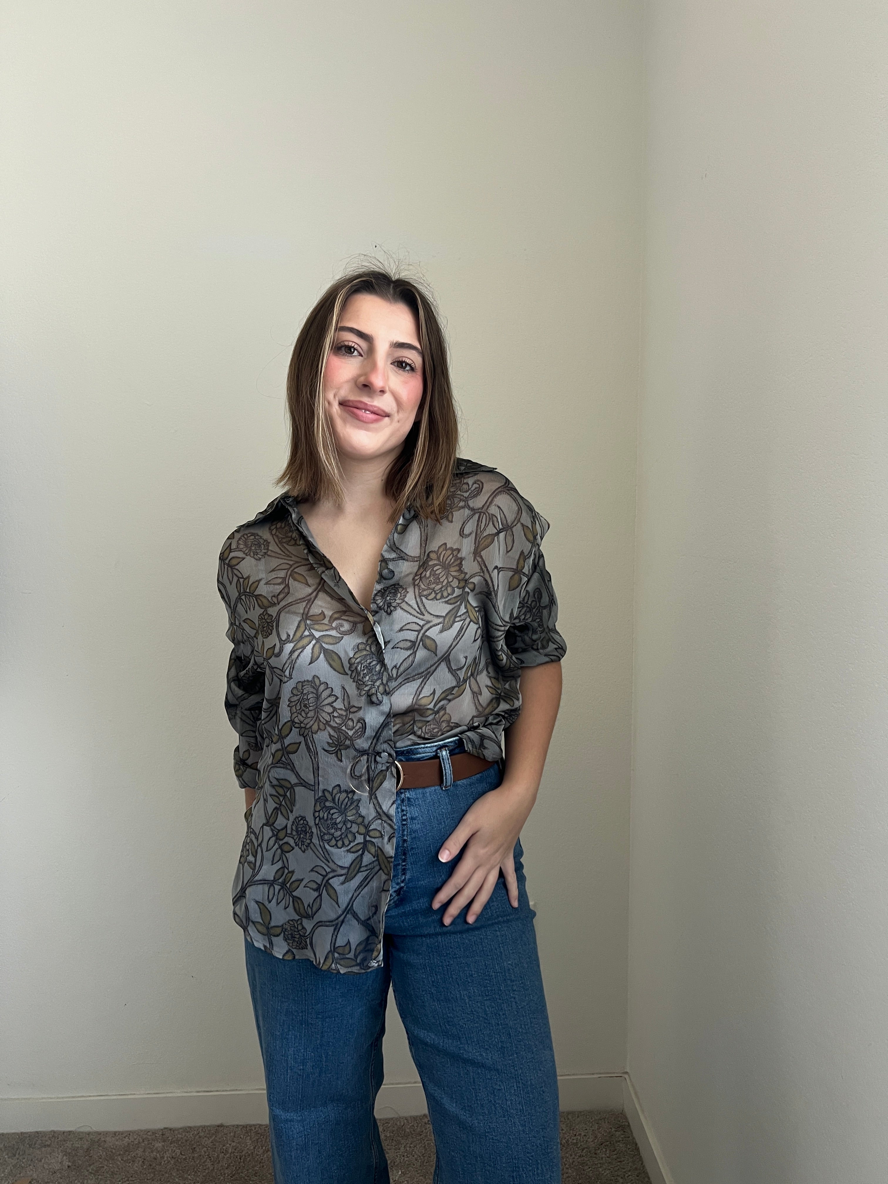 Sheer Floral Button Up (L)