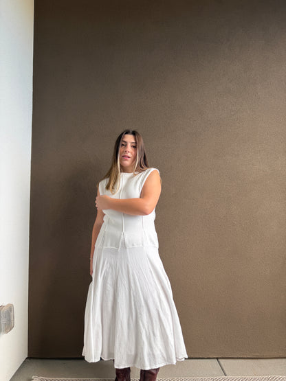 White Cotton Drop Waist Maxi Dress (M)